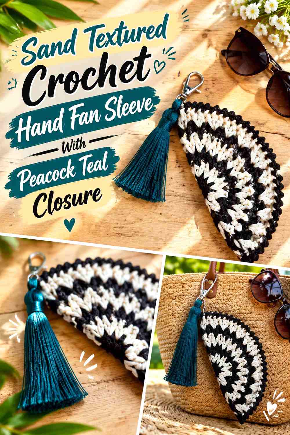 Sand Textured Crochet Hand Fan Sleeve With Peacock Teal Closure