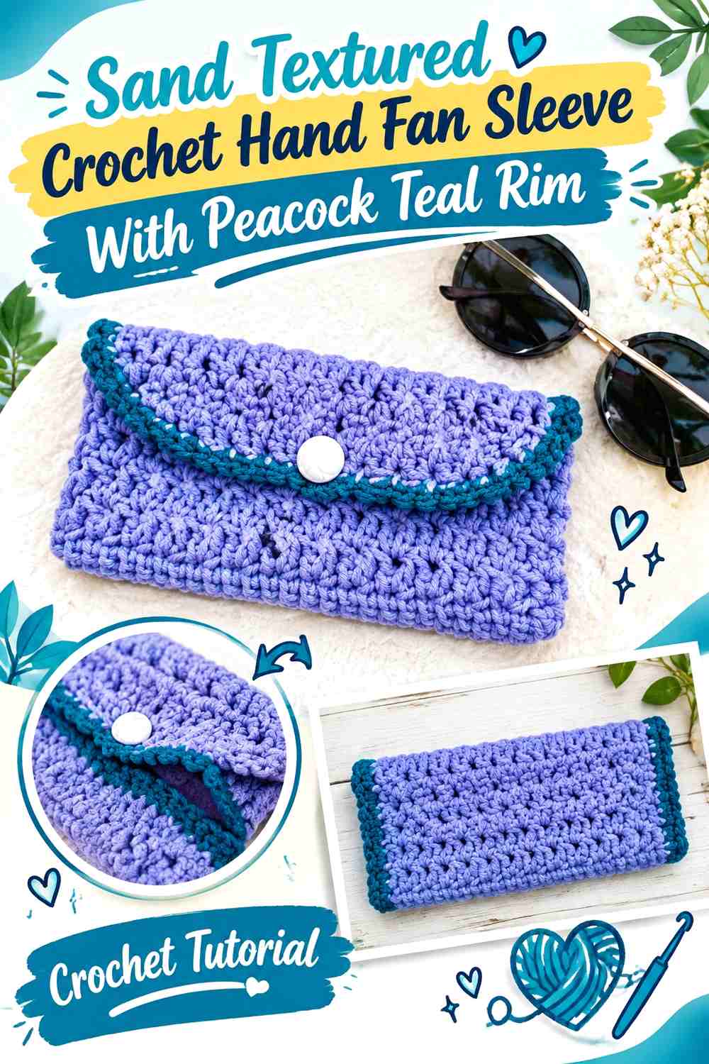 Sand Textured Crochet Hand Fan Sleeve With Peacock Teal Rim