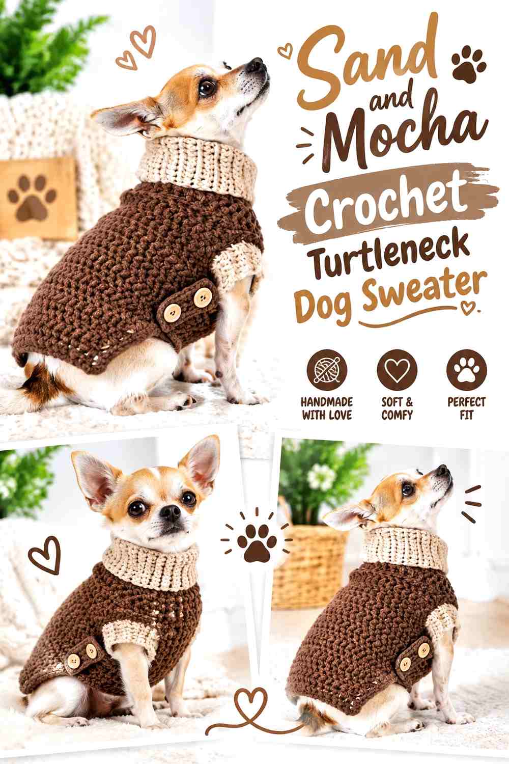 Sand and Mocha Crochet Turtleneck Dog Sweater