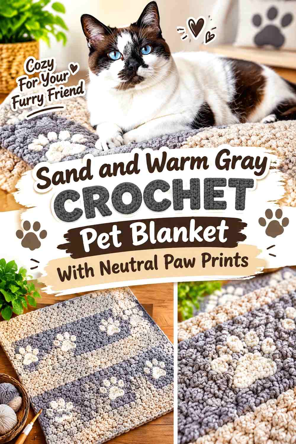 Sand and Warm Gray Crochet Pet Blanket With Neutral Paw Prints