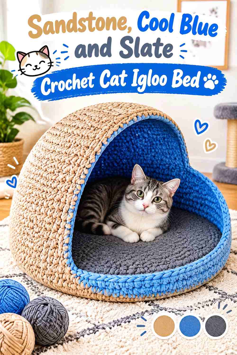 Sandstone, Cool Blue and Slate Crochet Cat Igloo Bed