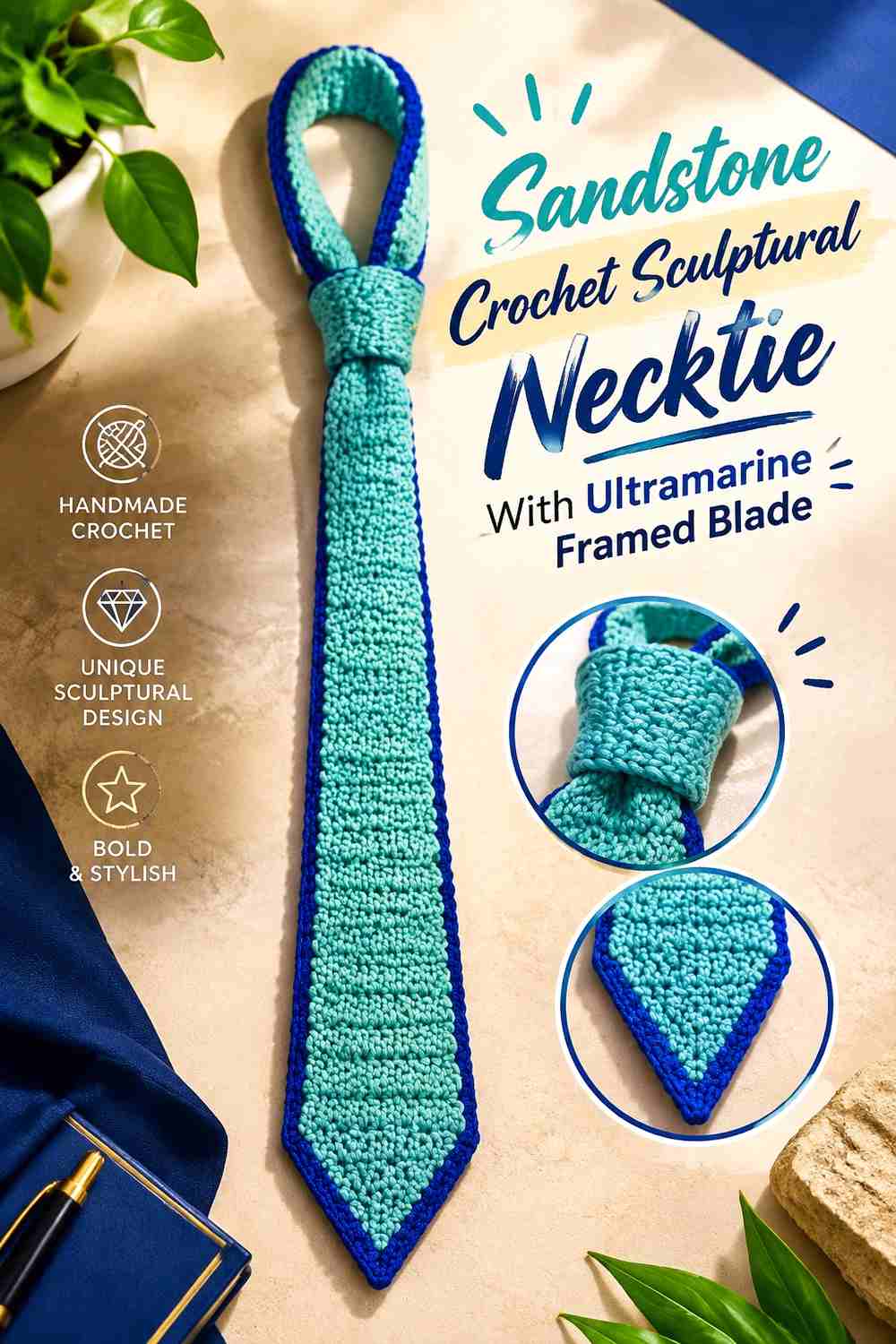 2. Sandstone Crochet Sculptural Necktie With Ultramarine Framed Blade