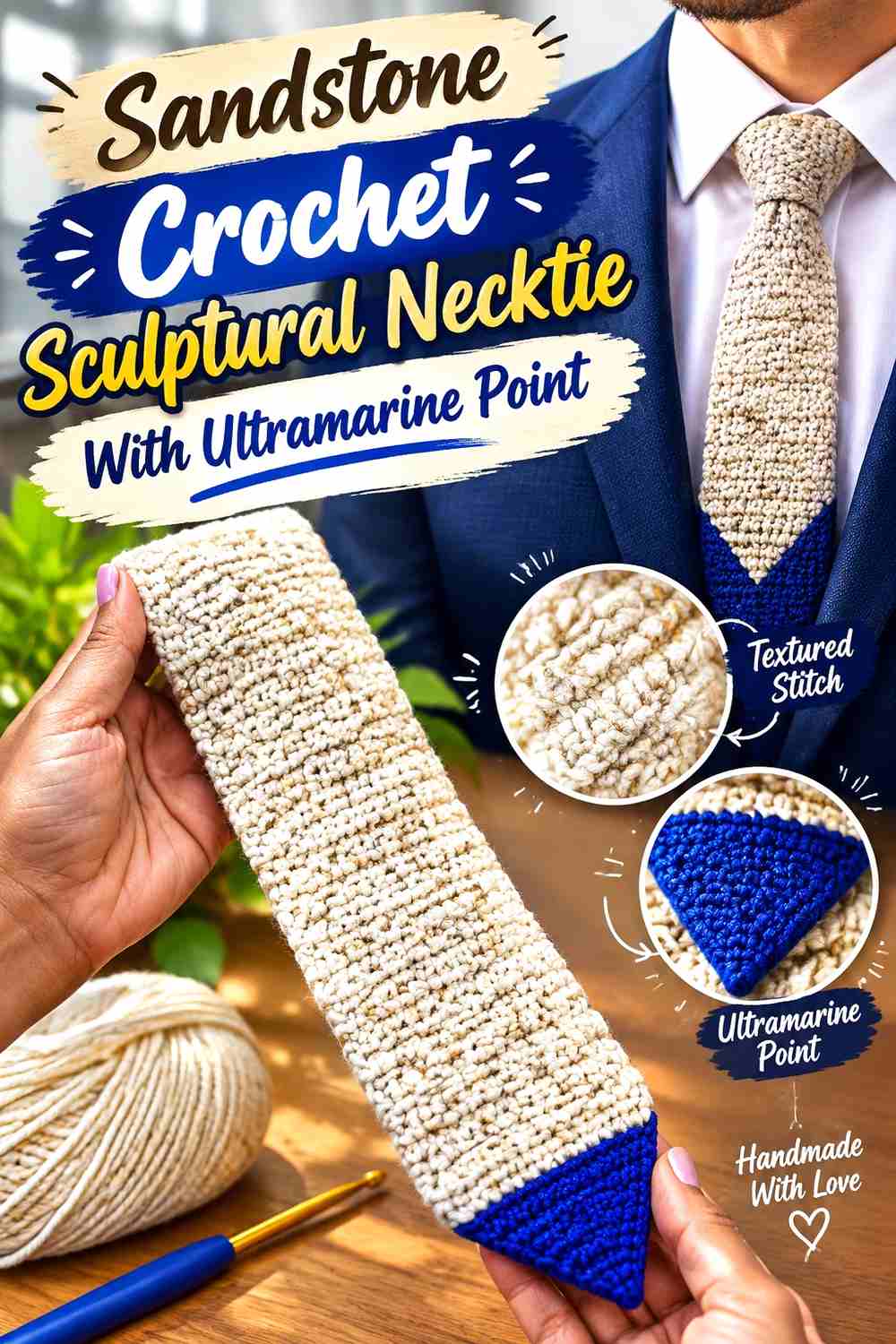 5. Sandstone Crochet Sculptural Necktie With Ultramarine Point
