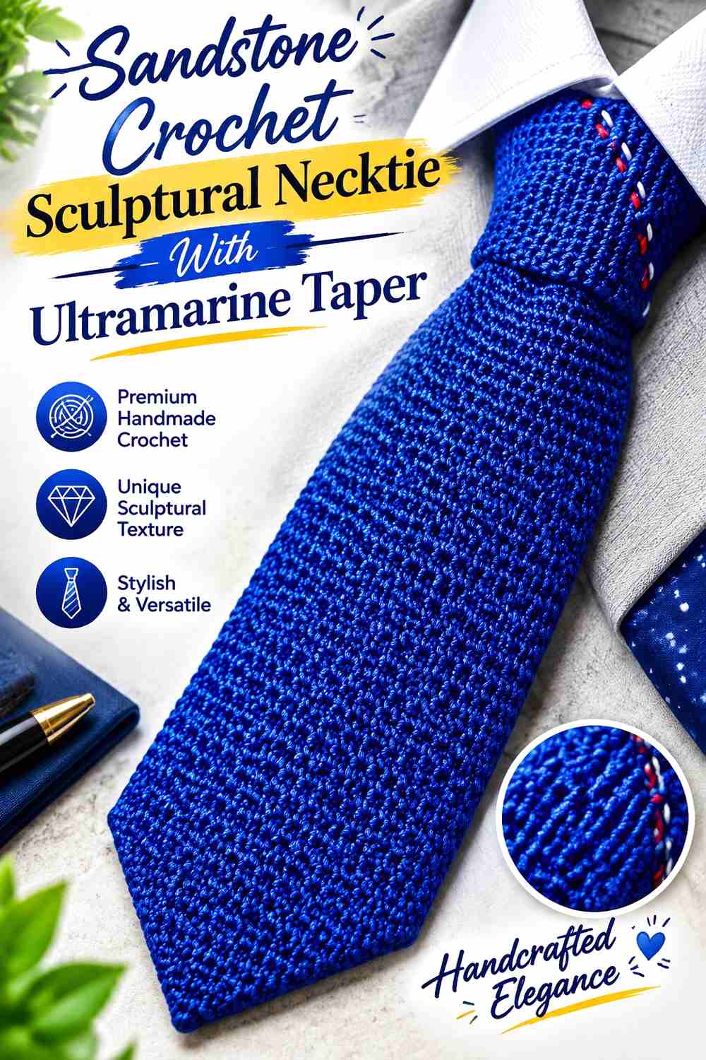 15. Sandstone Crochet Sculptural Necktie With Ultramarine Taper