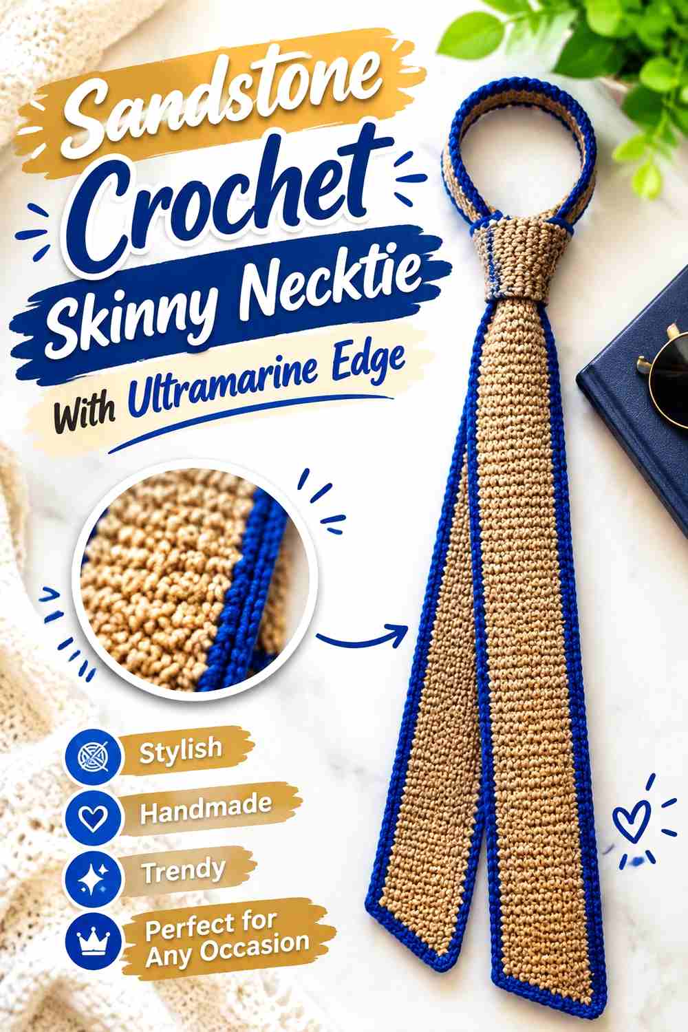 13. Sandstone Crochet Skinny Necktie With Ultramarine Edge
