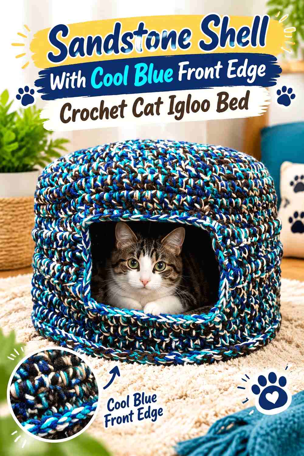 Sandstone Shell With Cool Blue Front Edge Crochet Cat Igloo Bed