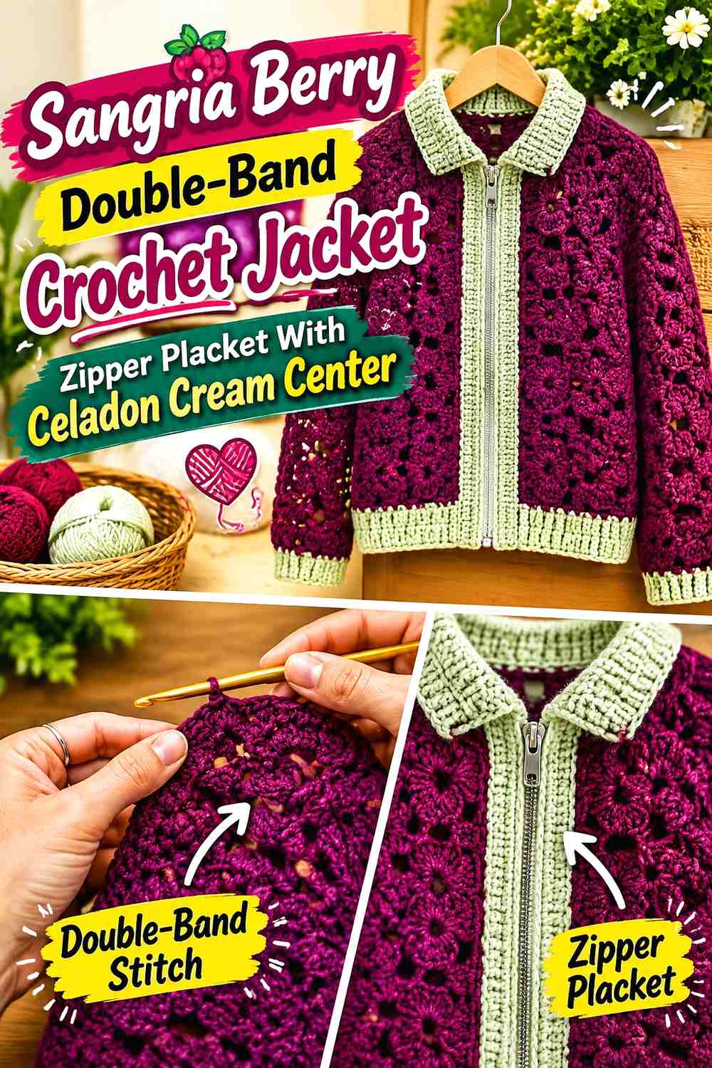 Sangria Berry Double-Band Crochet Jacket Zipper Placket With Celadon Cream Center