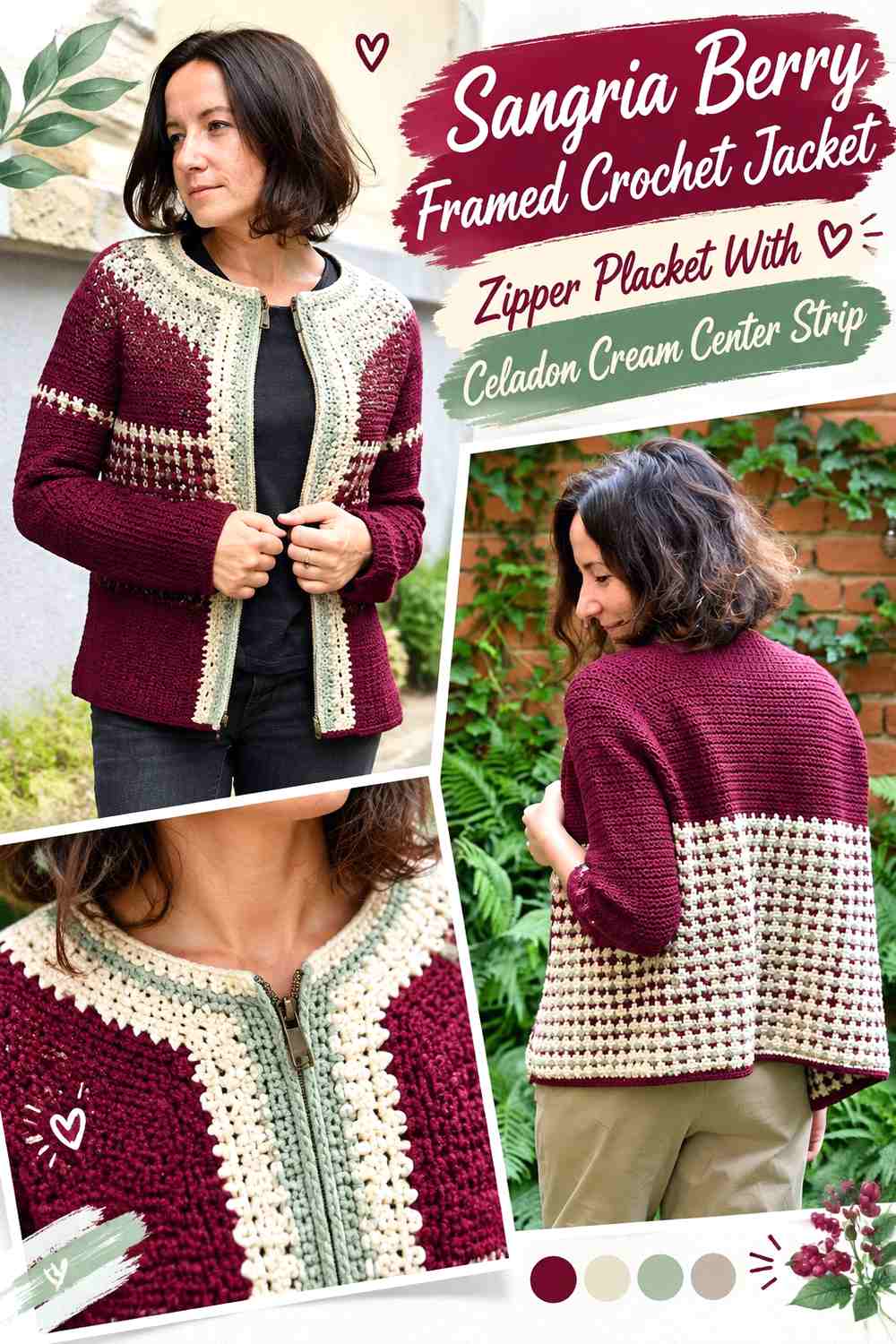 Sangria Berry Framed Crochet Jacket Zipper Placket With Celadon Cream Center Strip