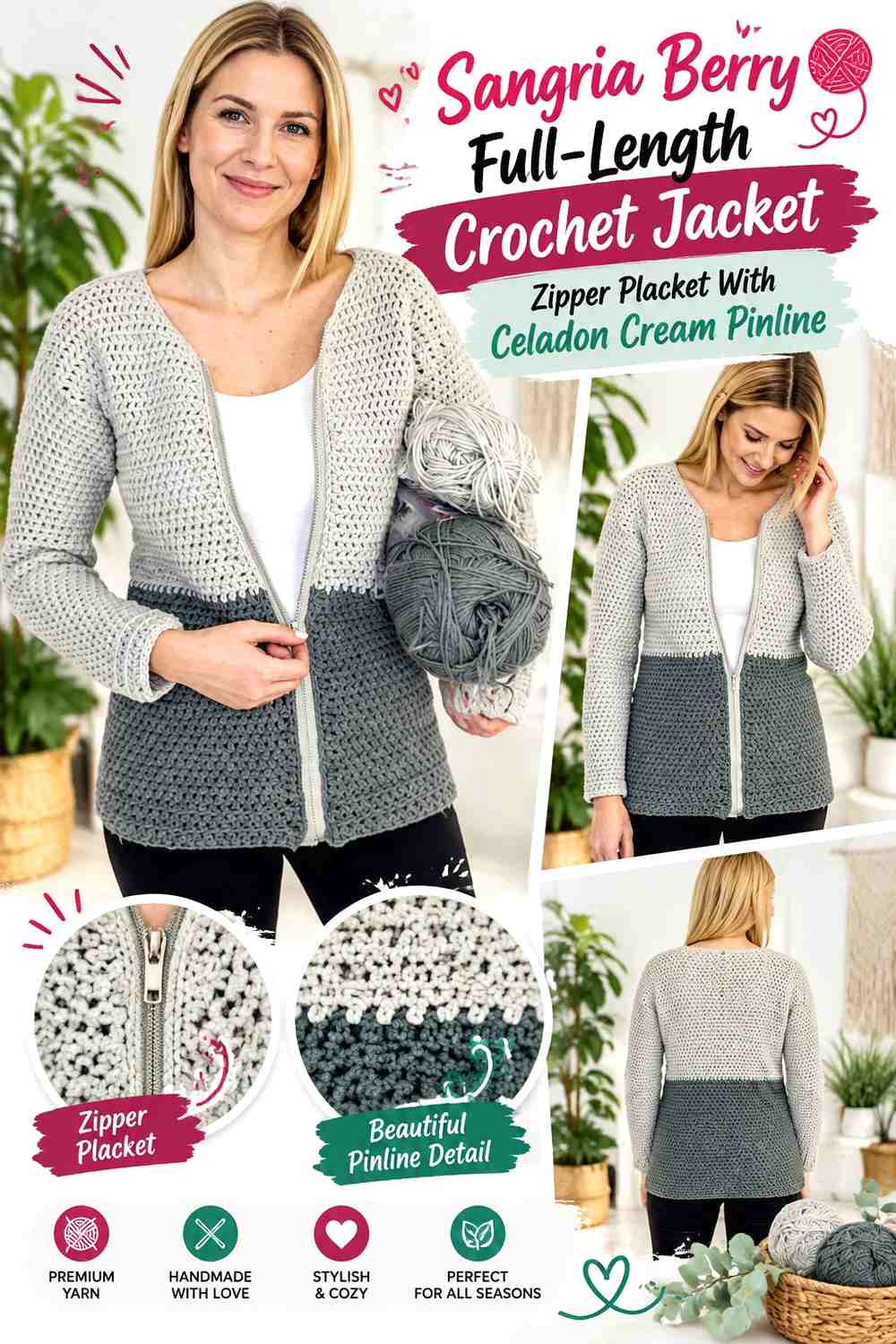 Sangria Berry Full-Length Crochet Jacket Zipper Placket With Celadon Cream Pinline