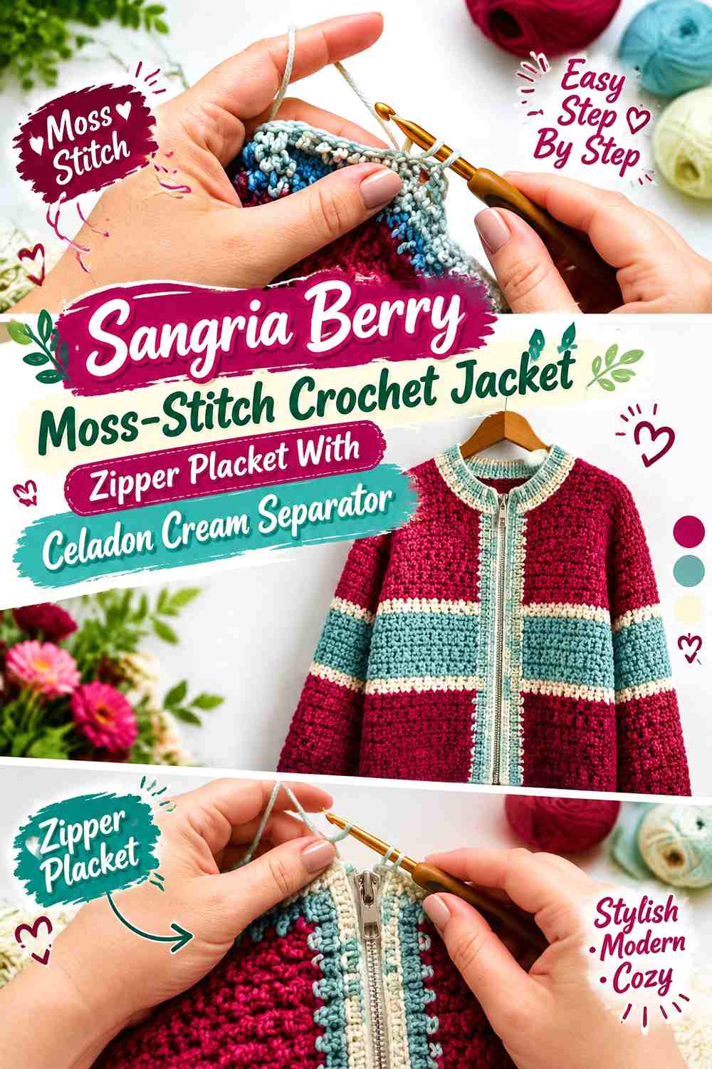 Sangria Berry Moss-Stitch Crochet Jacket Zipper Placket With Celadon Cream Separator