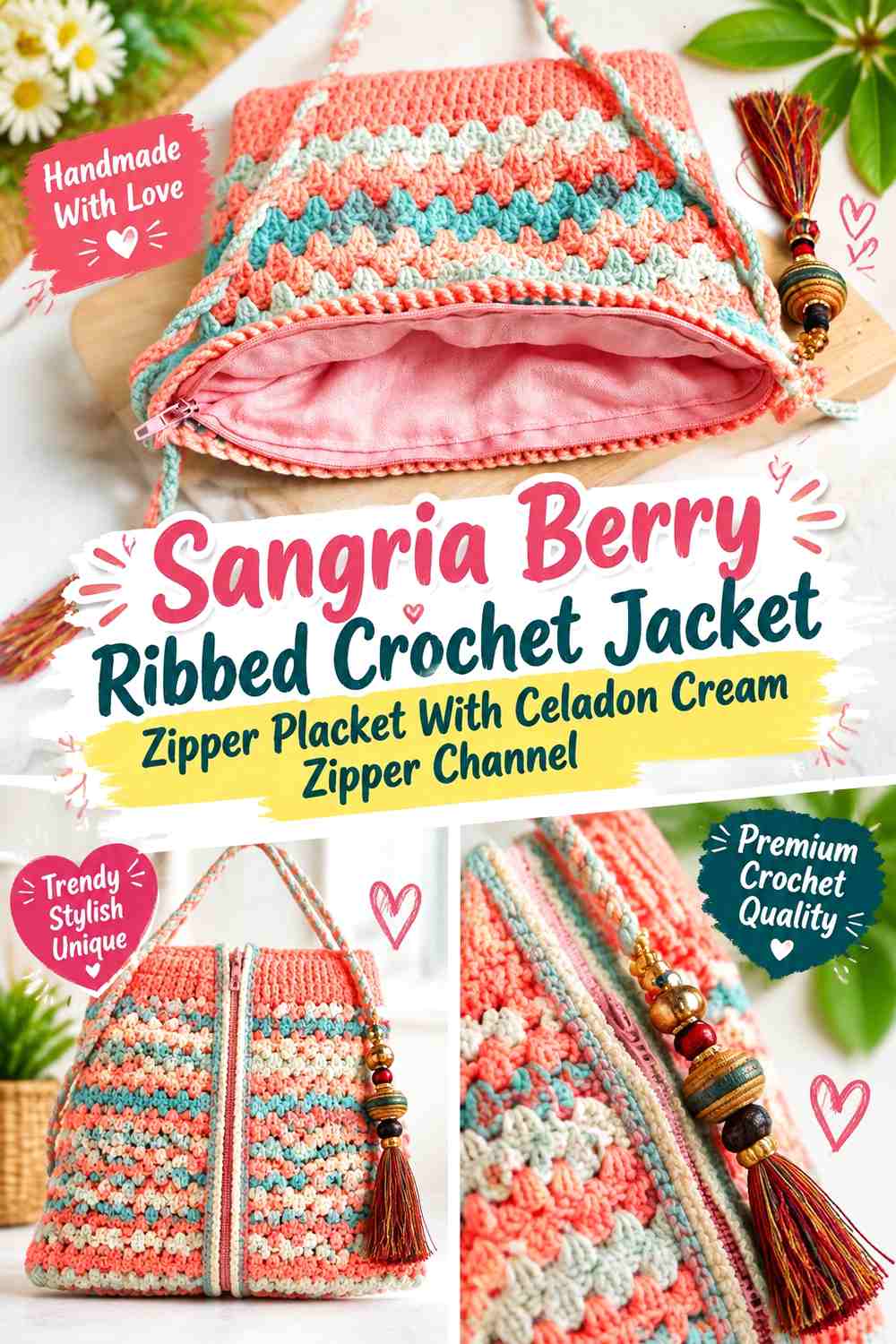 Sangria Berry Ribbed Crochet Jacket Zipper Placket With Celadon Cream Zipper Channel