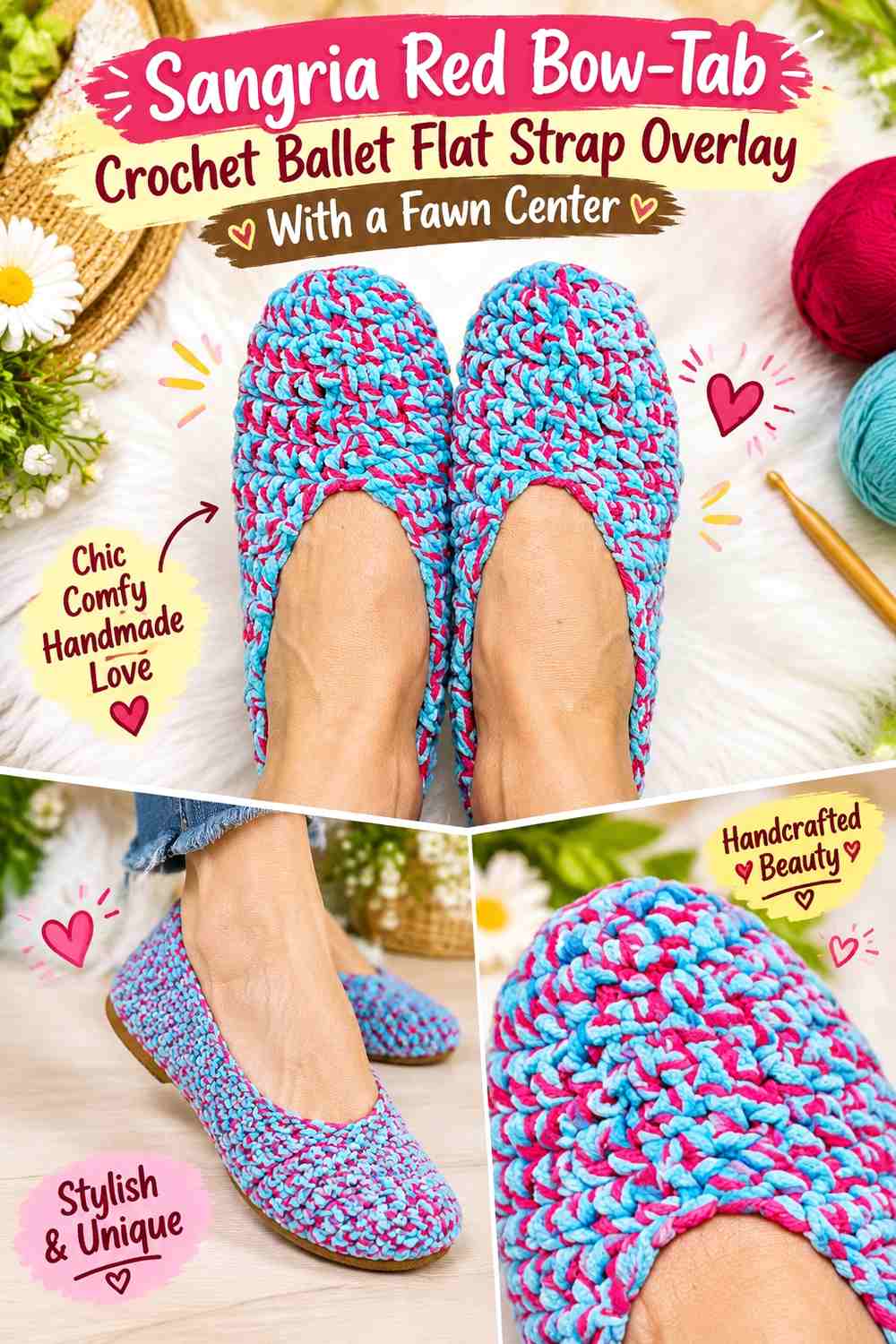Sangria Red Bow-Tab Crochet Ballet Flat Strap Overlay With a Fawn Center
