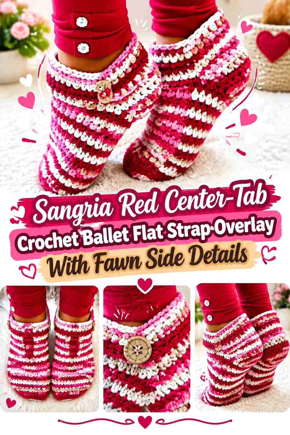 Sangria Red Center-Tab Crochet Ballet Flat Strap Overlay With Fawn Side Details