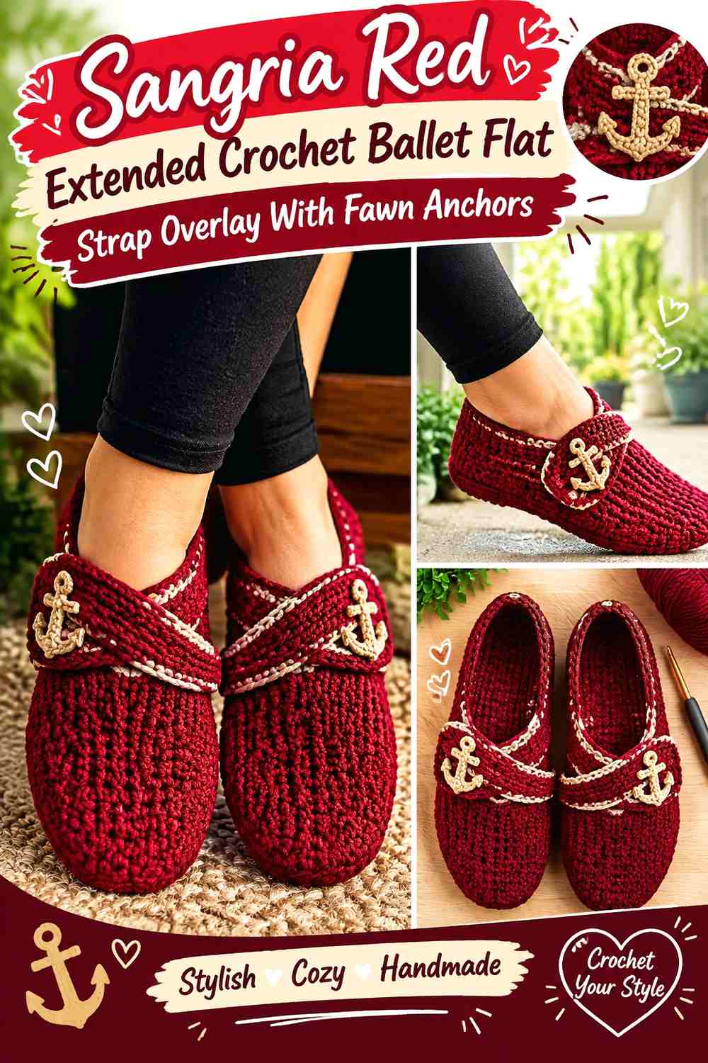 Sangria Red Extended Crochet Ballet Flat Strap Overlay With Fawn Anchors