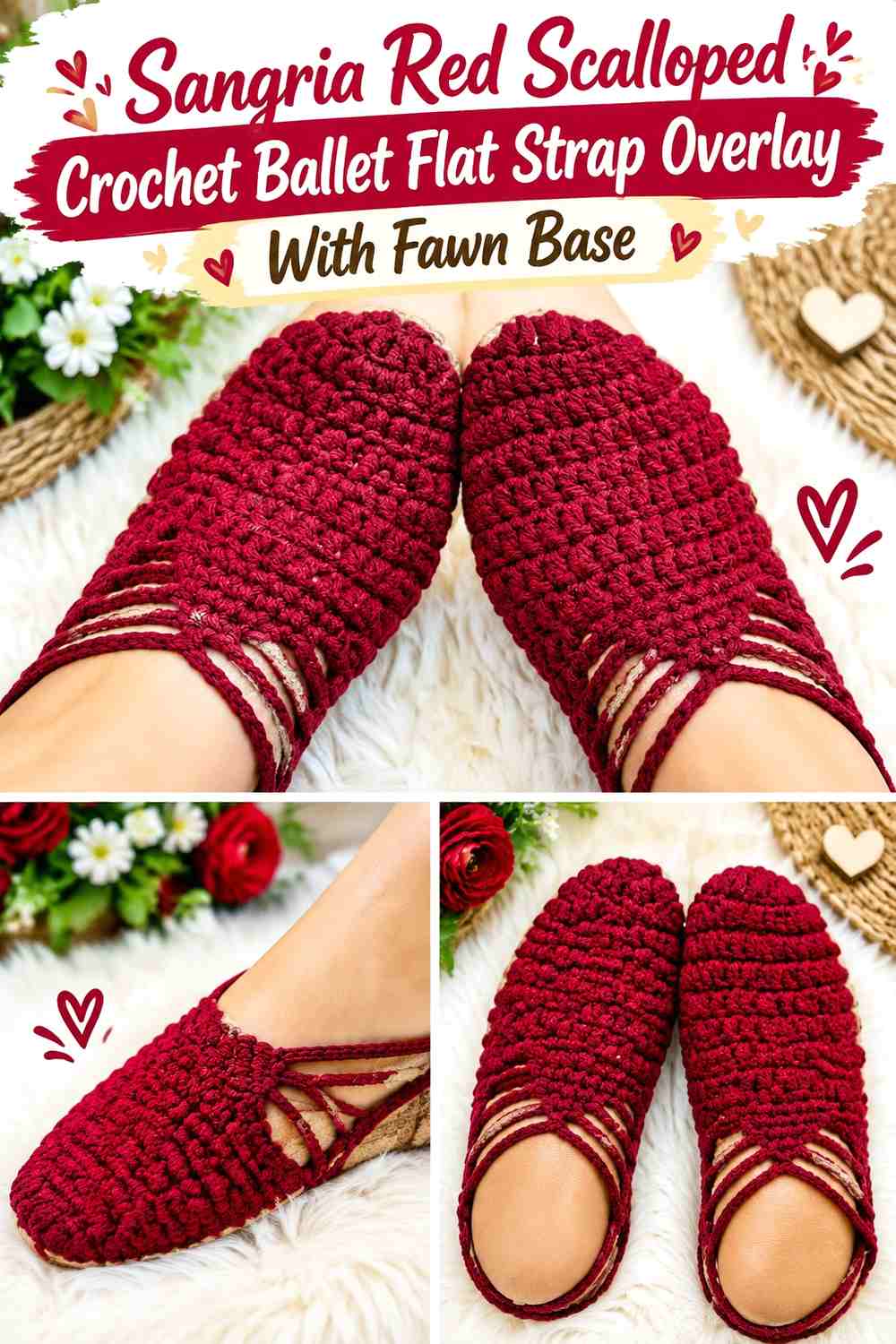 Sangria Red Scalloped Crochet Ballet Flat Strap Overlay With Fawn Base