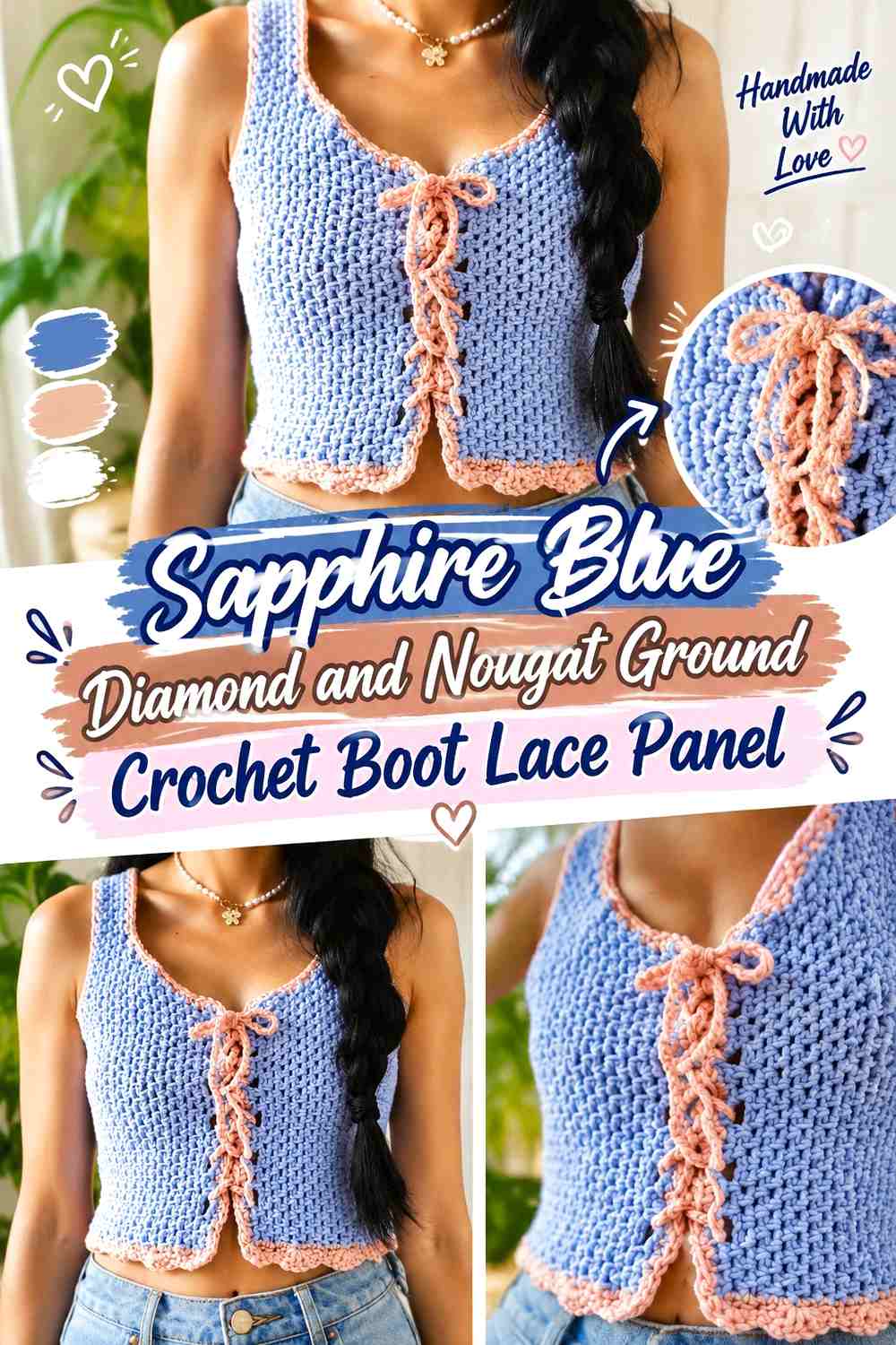 6. Sapphire Blue Diamond And Nougat Ground Crochet Boot Lace Panel
