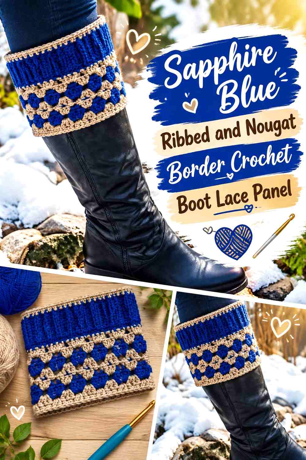 2. Sapphire Blue Ribbed And Nougat Border Crochet Boot Lace Panel