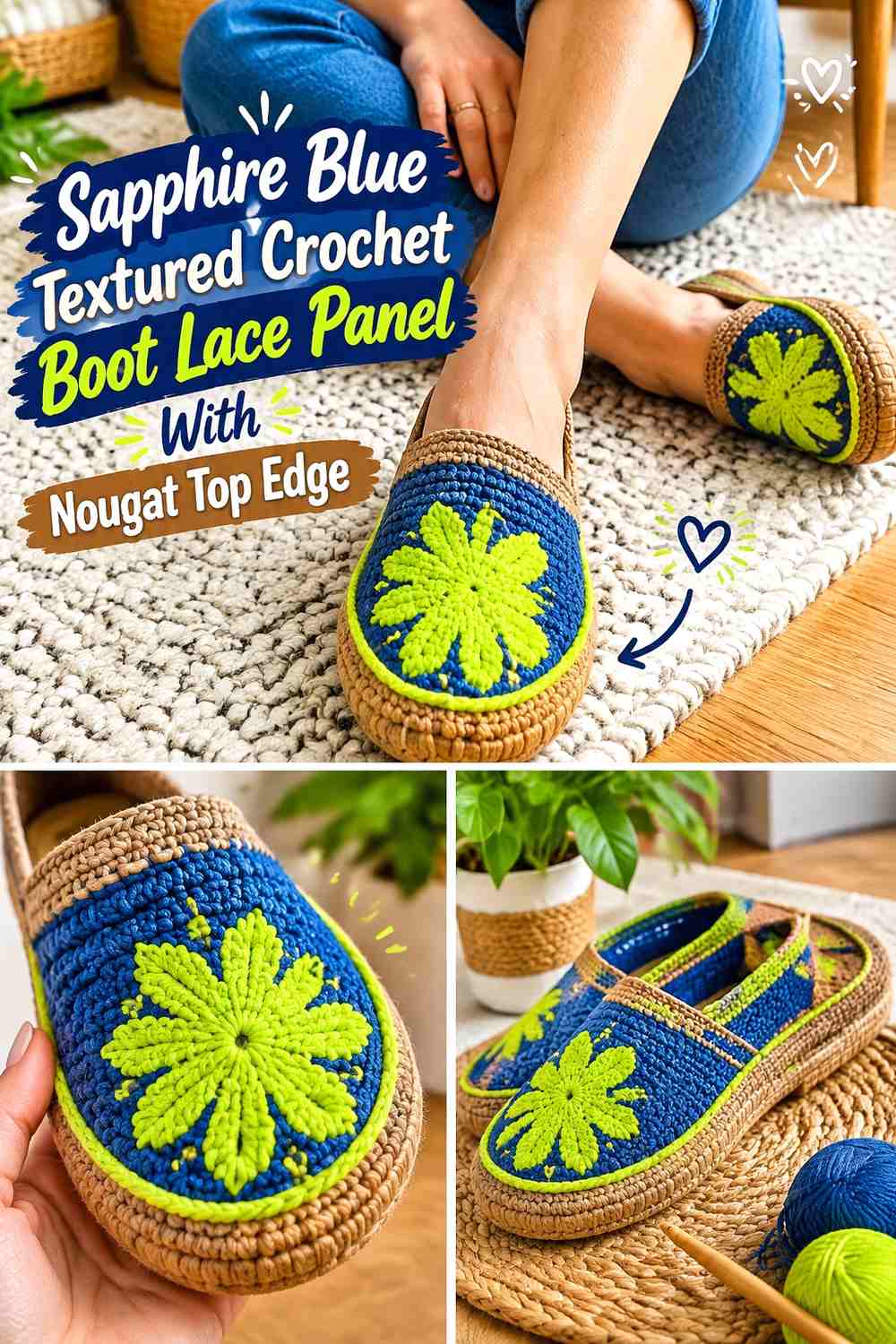 12. Sapphire Blue Textured Crochet Boot Lace Panel With Nougat Top Edge