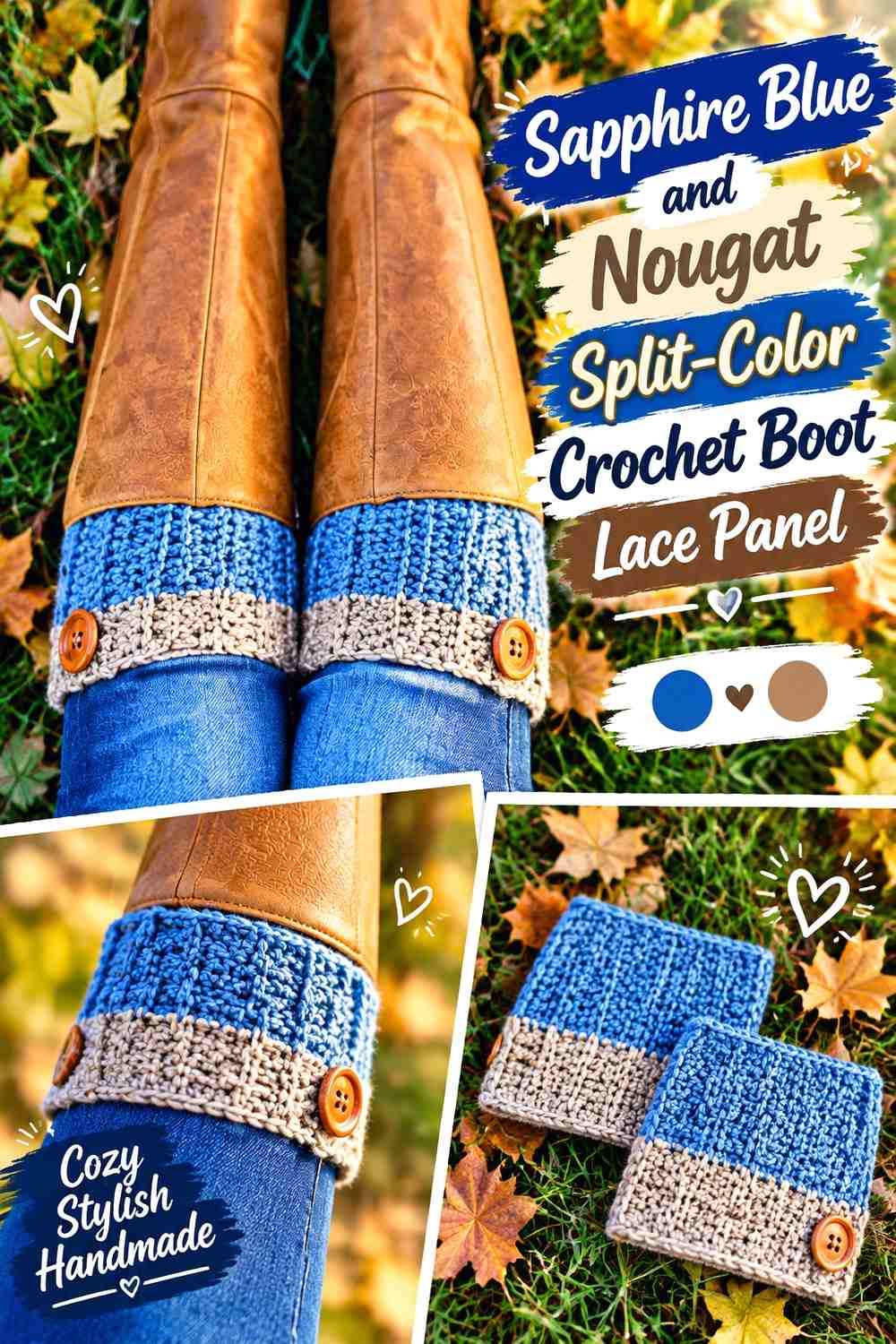 4. Sapphire Blue And Nougat Split Color Crochet Boot Lace Panel