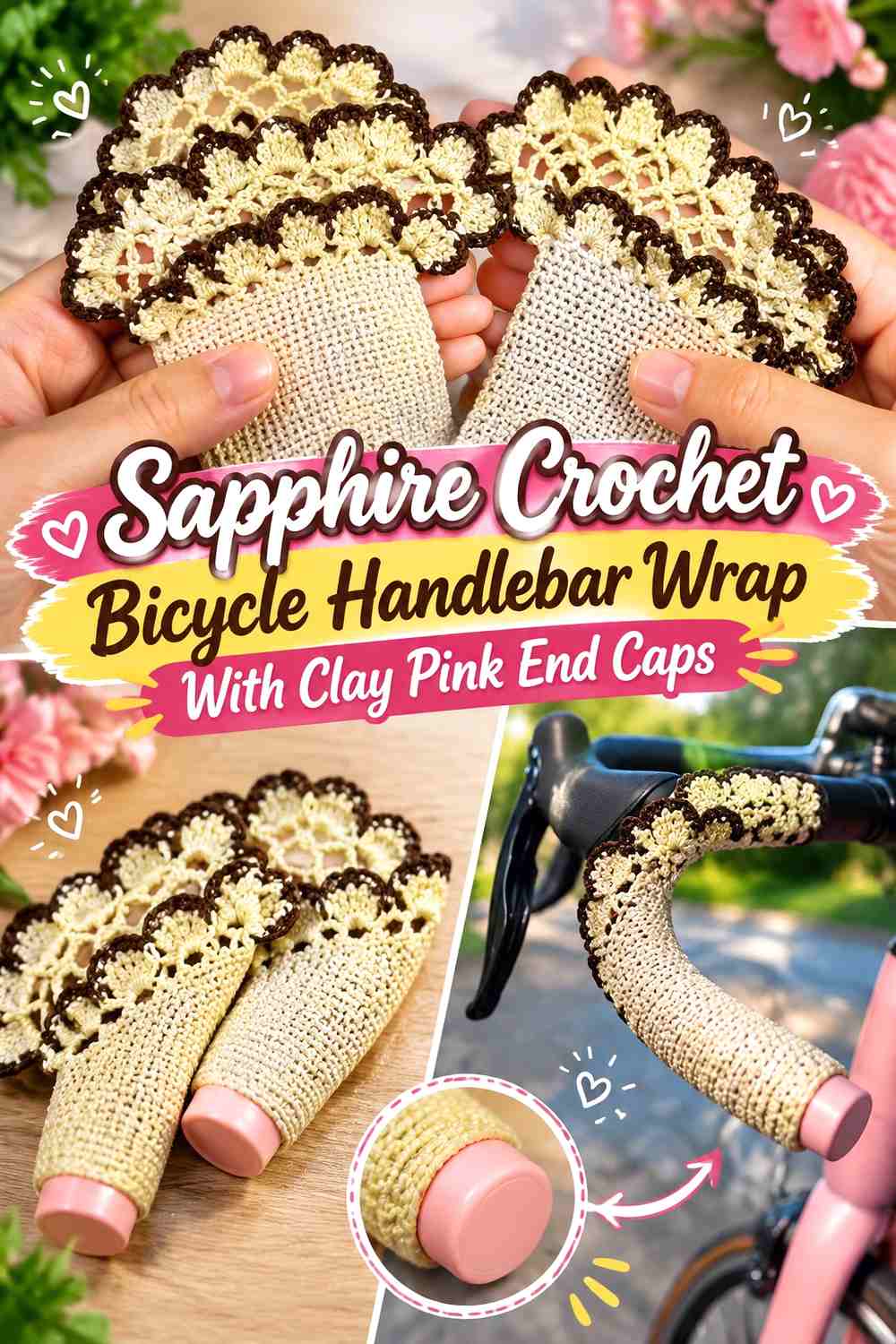 8. Sapphire Crochet Bicycle Handlebar Wrap With Clay Pink End Caps
