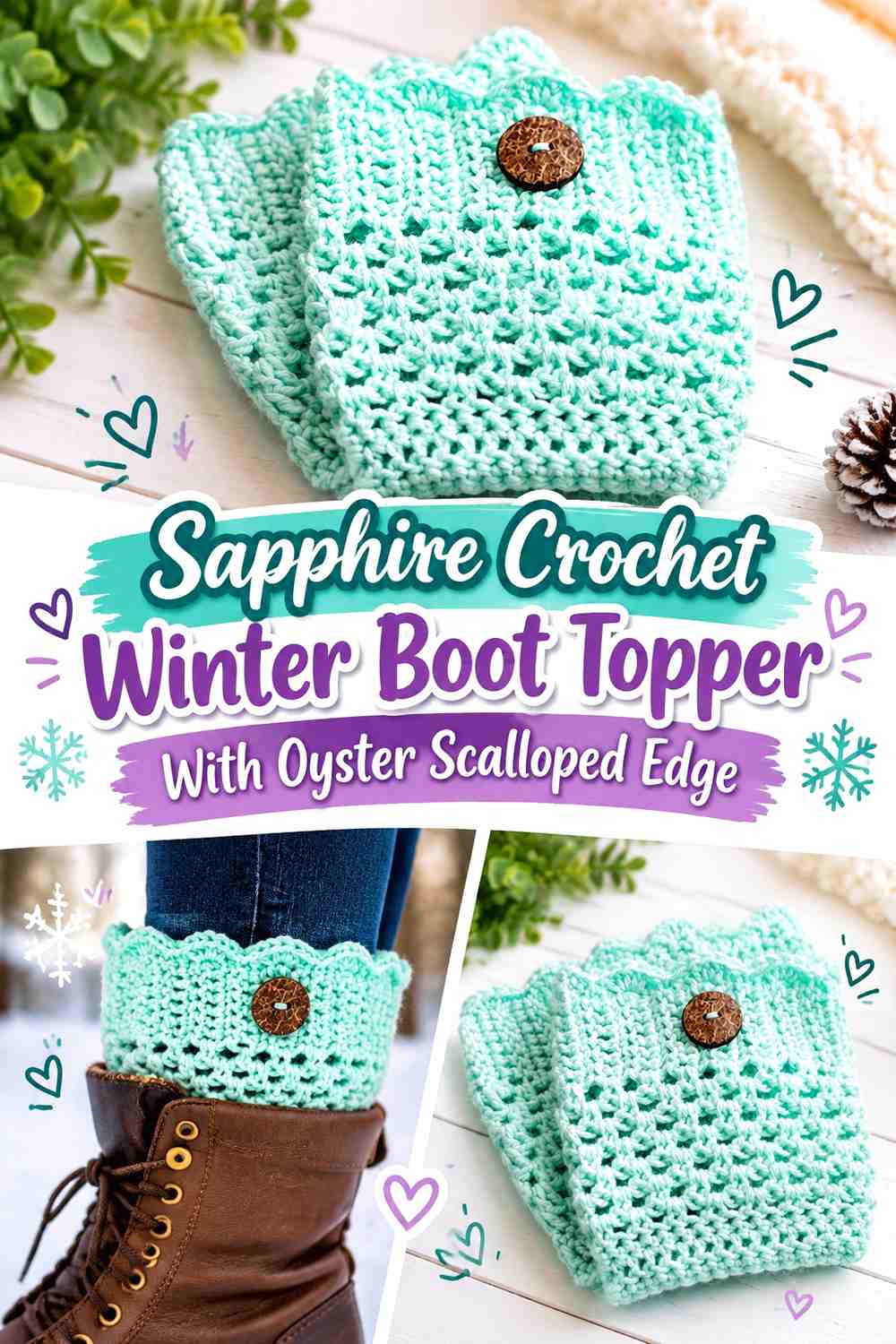 4. Sapphire Crochet Winter Boot Topper With Oyster Scalloped Edge