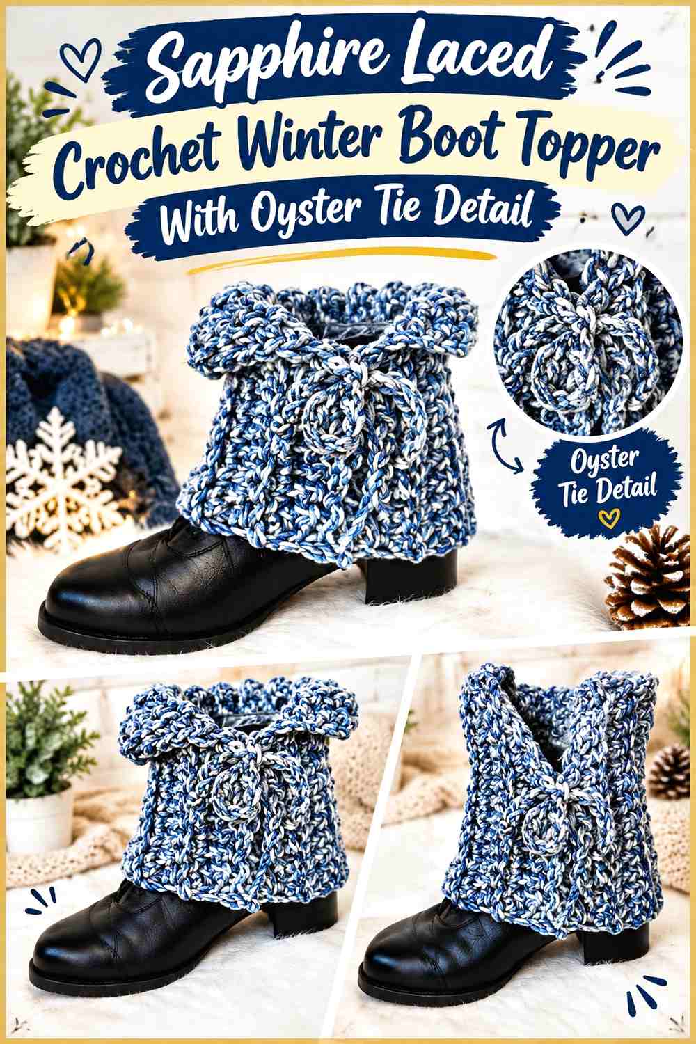 10. Sapphire Laced Crochet Winter Boot Topper With Oyster Tie Detail