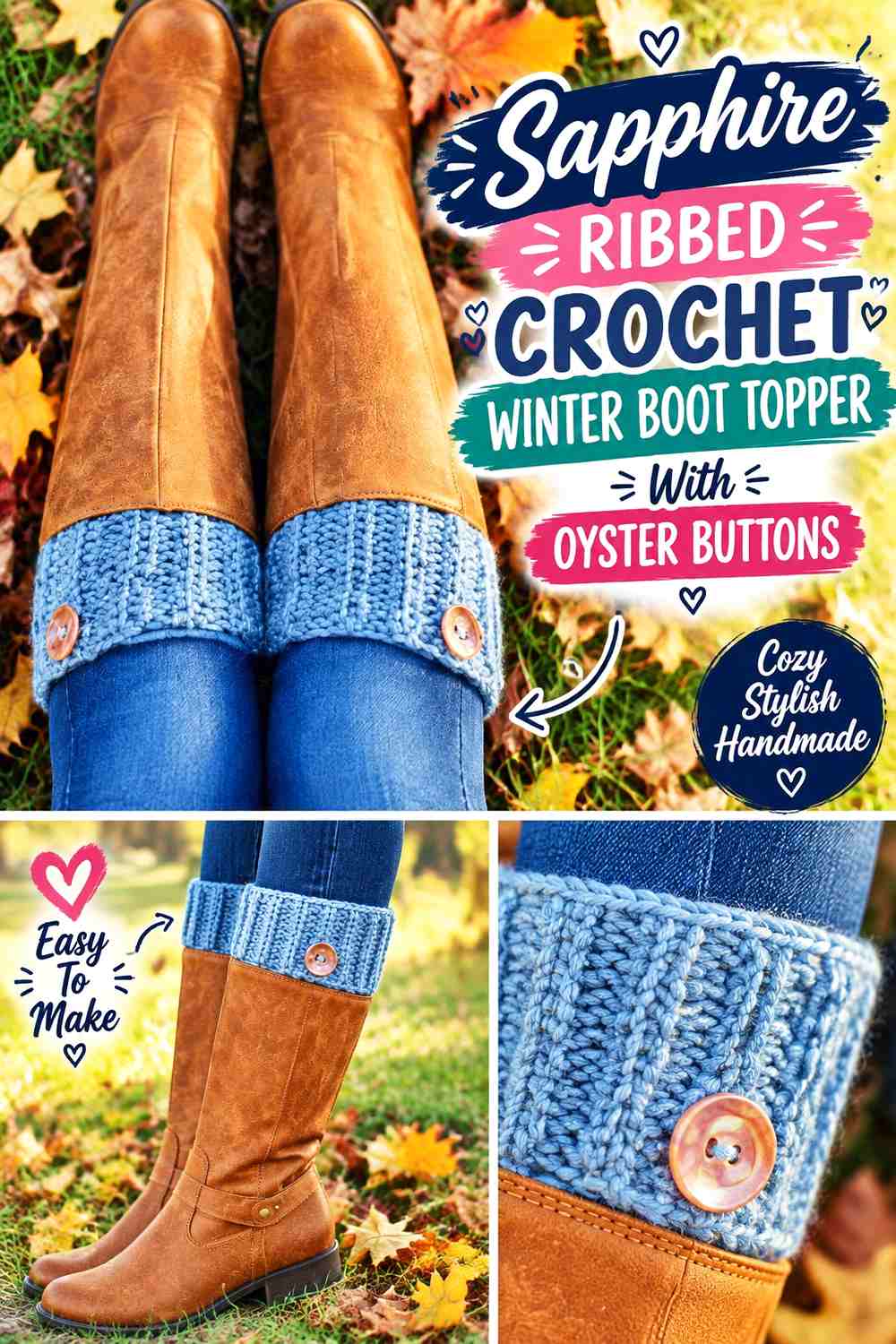 3. Sapphire Ribbed Crochet Winter Boot Topper With Oyster Buttons