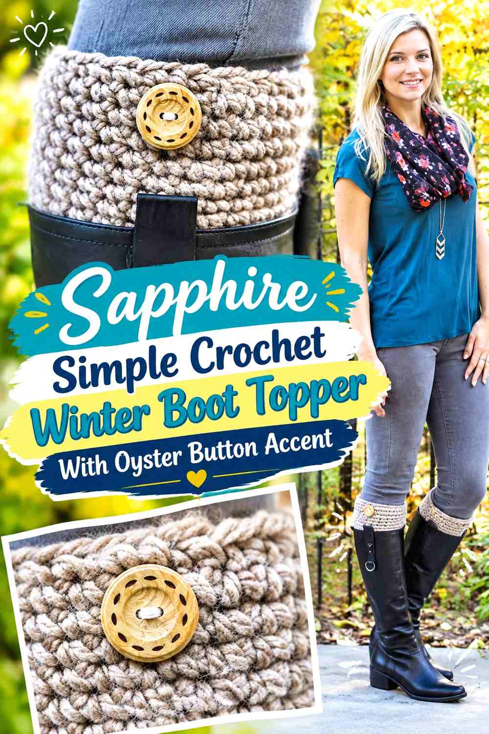 6. Sapphire Simple Crochet Winter Boot Topper With Oyster Button Accent