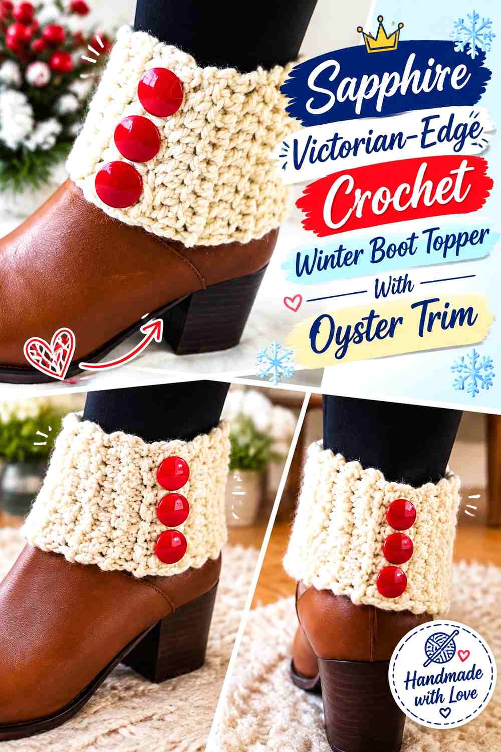 9. Sapphire Victorian Edge Crochet Winter Boot Topper With Oyster Trim
