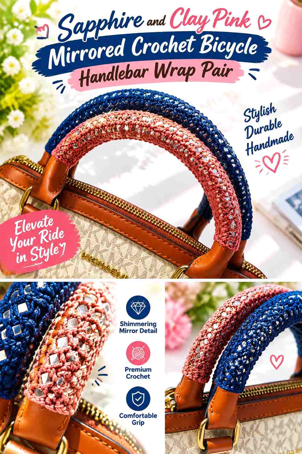 10. Sapphire And Clay Pink Mirrored Crochet Bicycle Handlebar Wrap Pair