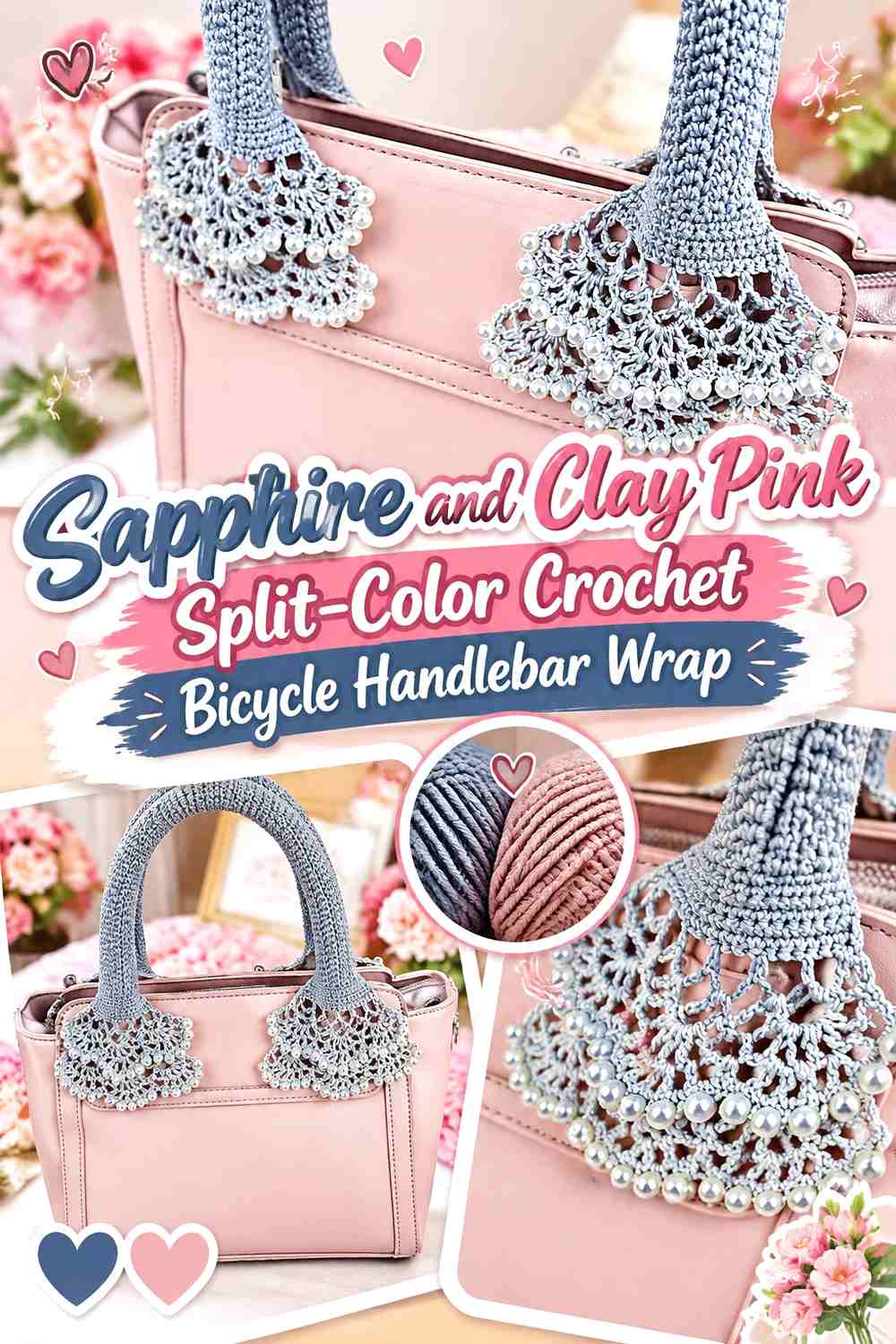 3. Sapphire And Clay Pink Split Color Crochet Bicycle Handlebar Wrap