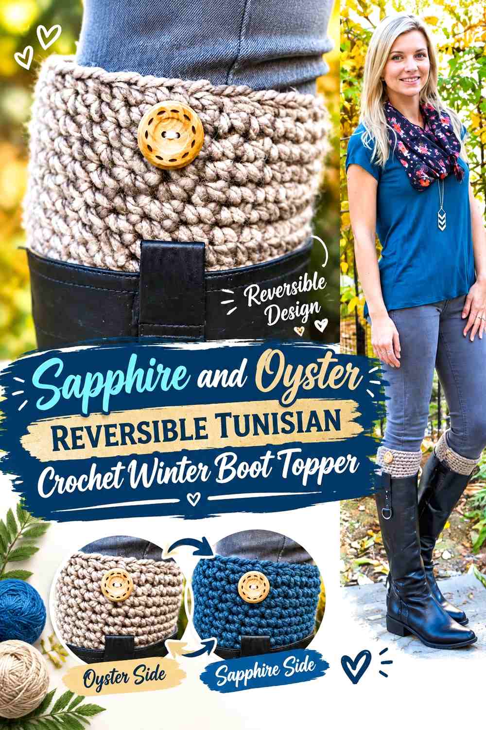 7. Sapphire And Oyster Reversible Tunisian Crochet Winter Boot Topper
