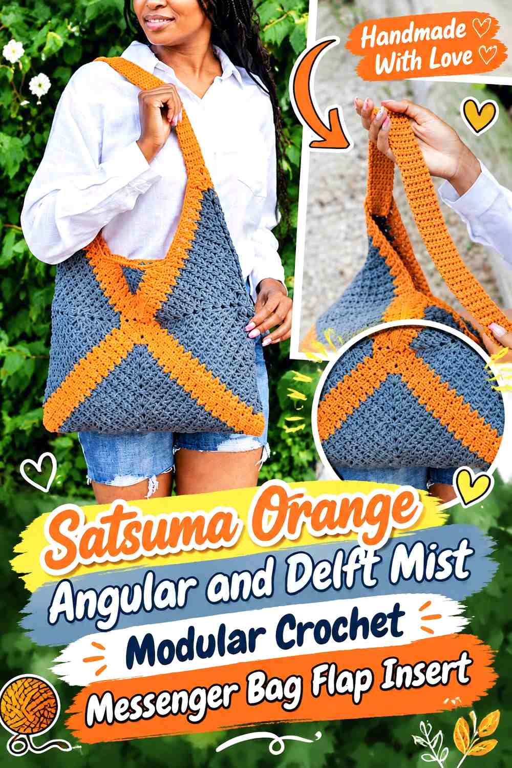 Satsuma Orange Angular and Delft Mist Modular Crochet Messenger Bag Flap Insert