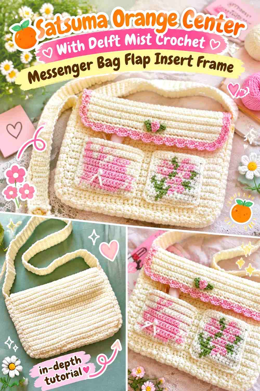 Satsuma Orange Center With Delft Mist Crochet Messenger Bag Flap Insert Frame