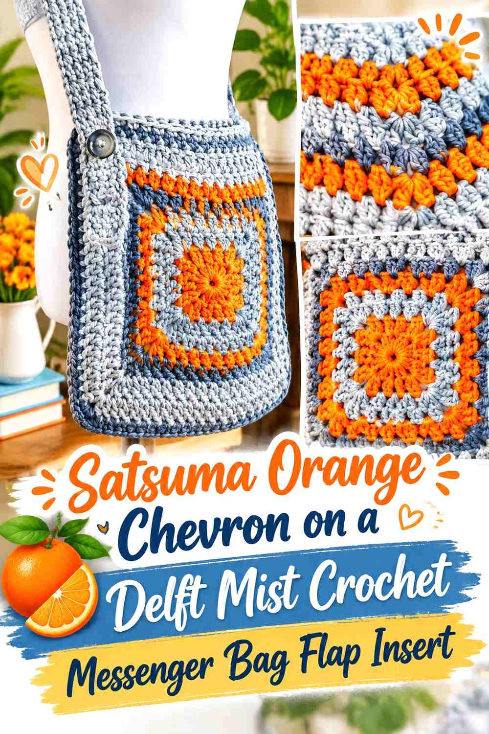 Satsuma Orange Chevron on a Delft Mist Crochet Messenger Bag Flap Insert