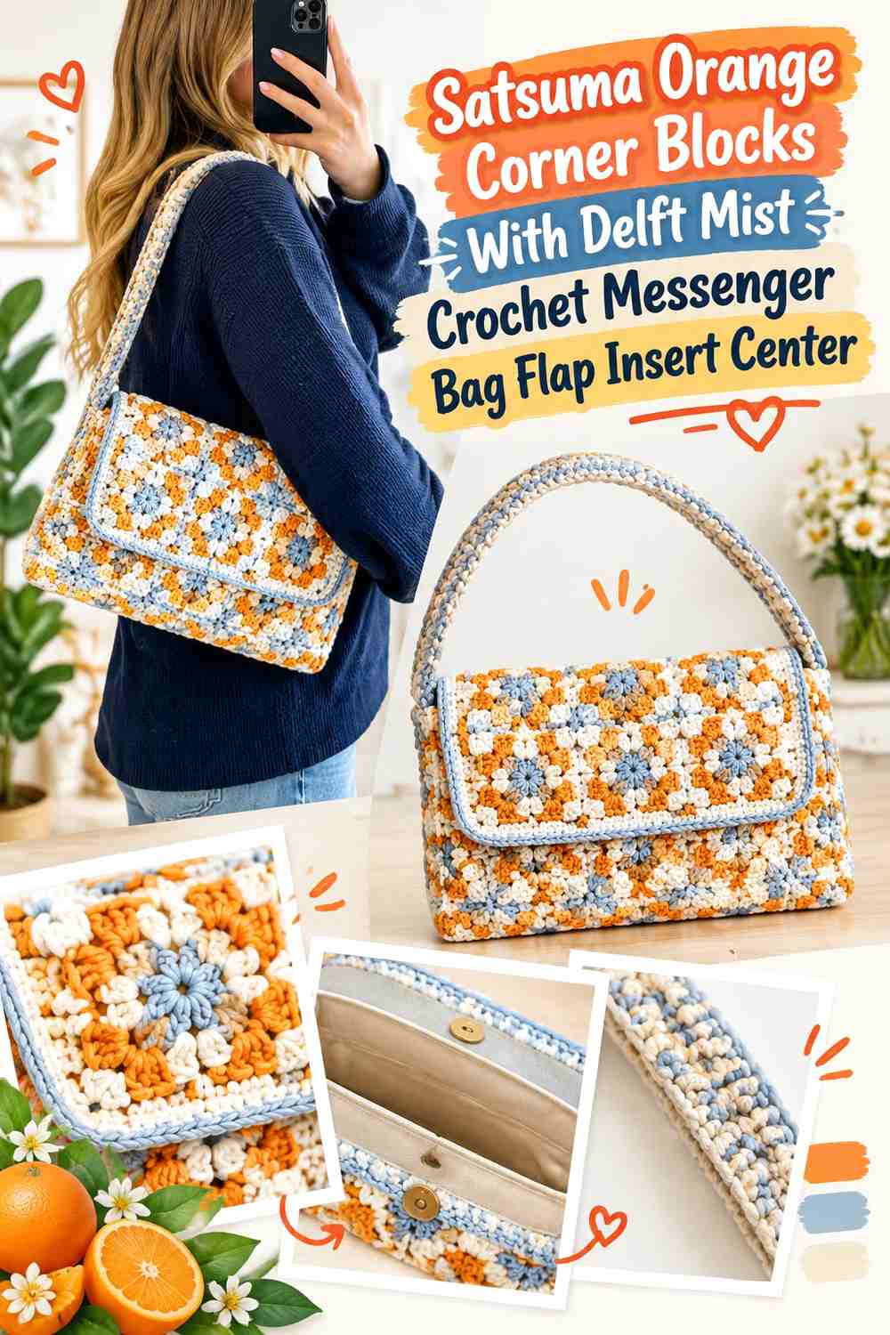 Satsuma Orange Corner Blocks With Delft Mist Crochet Messenger Bag Flap Insert Center