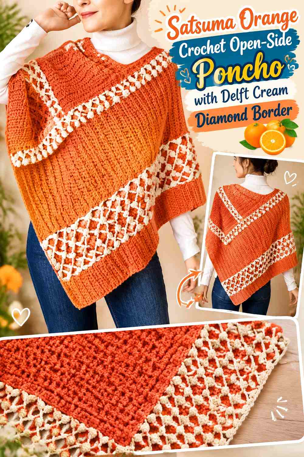 Satsuma Orange Crochet Open-Side Poncho with Delft Cream Diamond Border