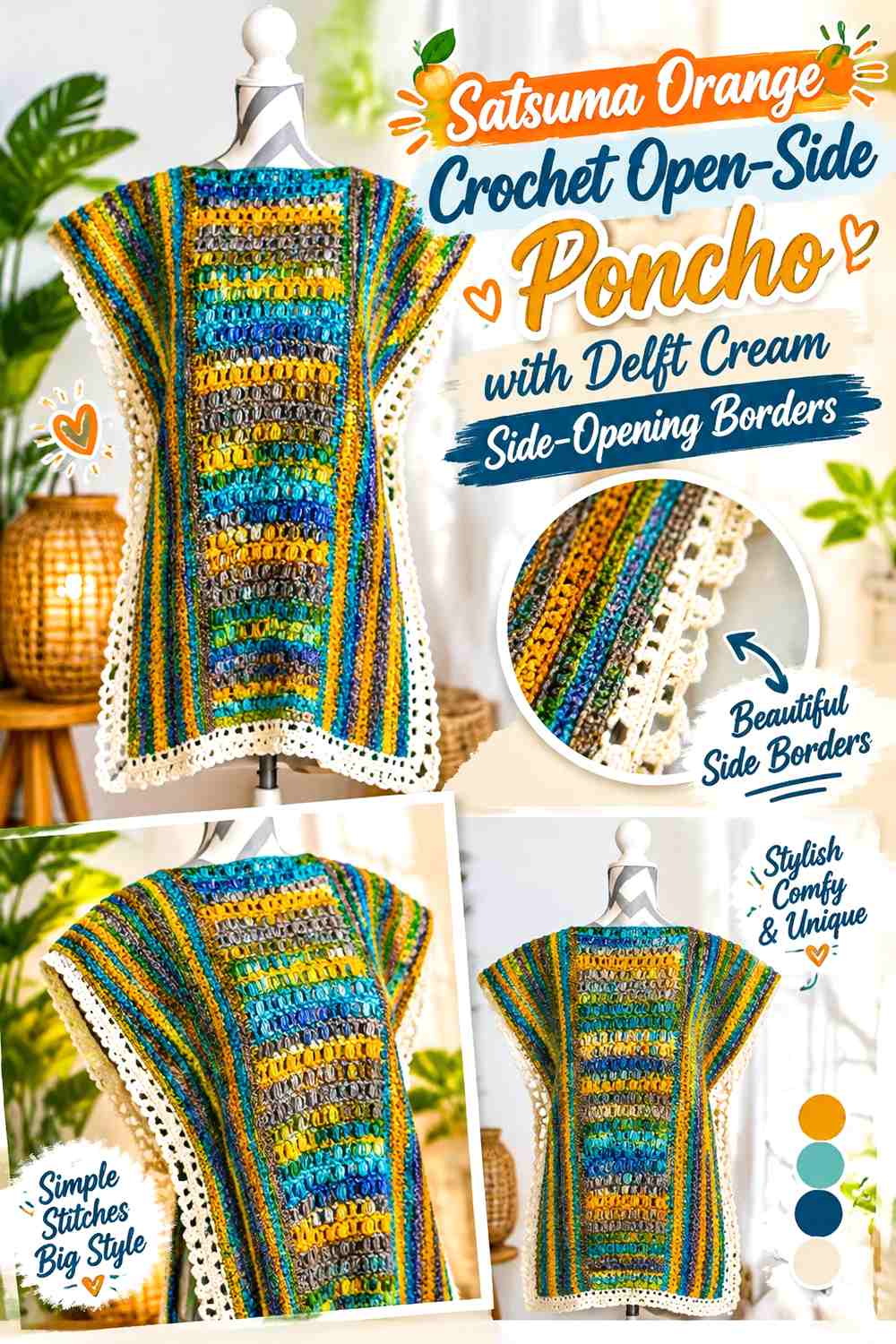 Satsuma Orange Crochet Open-Side Poncho with Delft Cream Side-Opening Borders