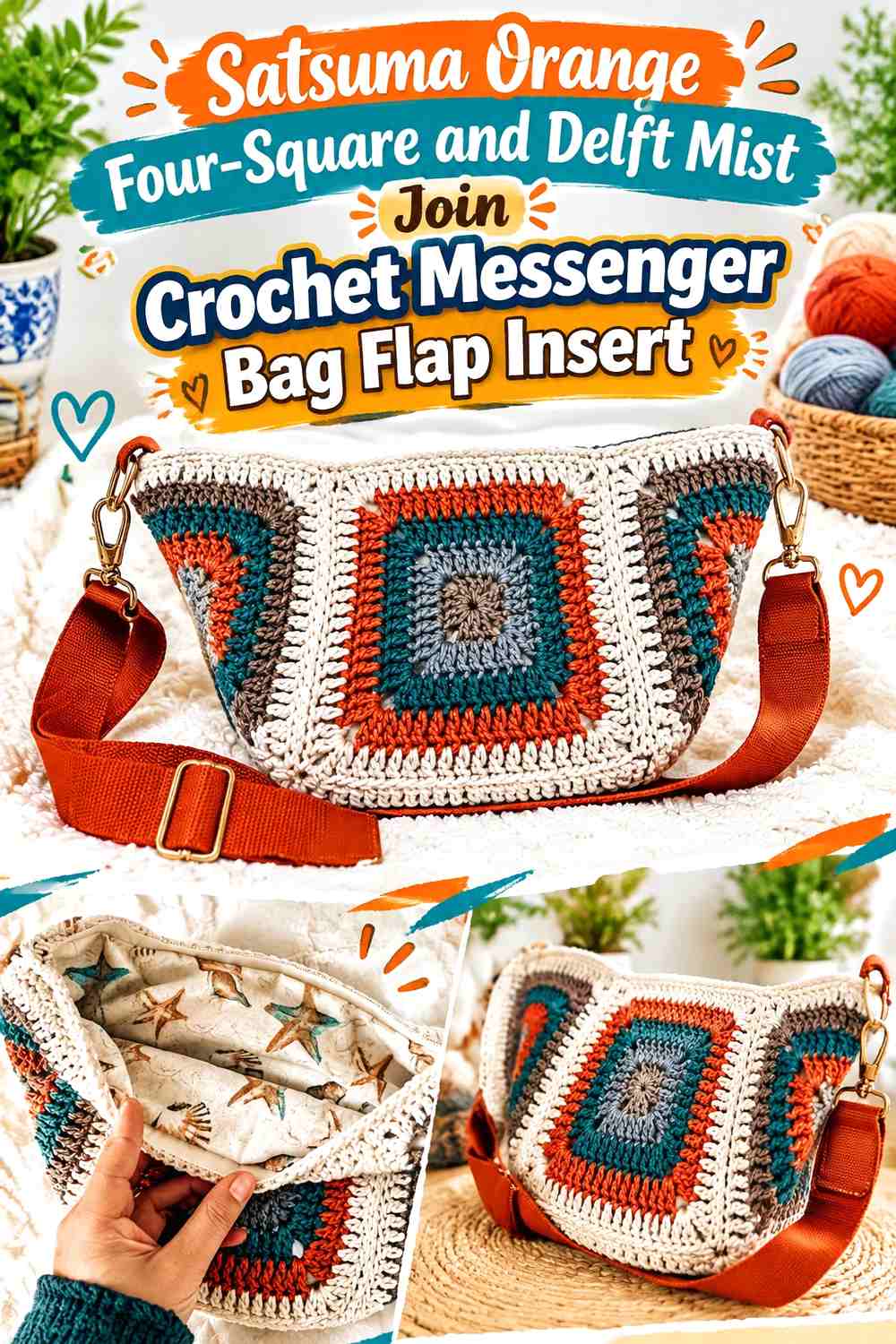 Satsuma Orange Four-Square and Delft Mist Join Crochet Messenger Bag Flap Insert