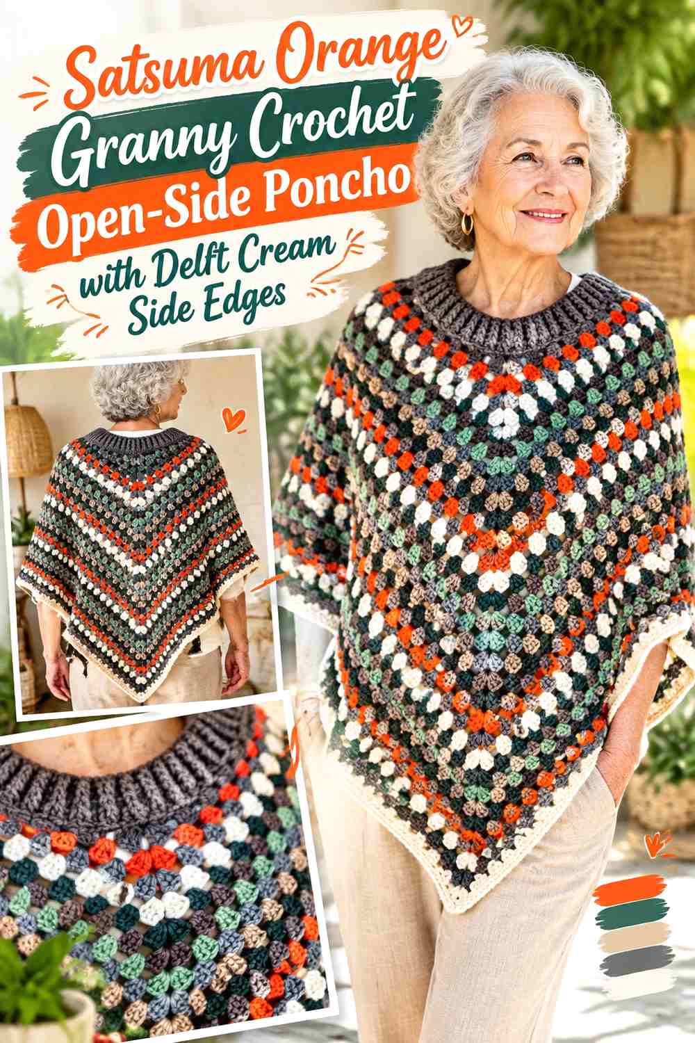 Satsuma Orange Granny Crochet Open-Side Poncho with Delft Cream Side Edges