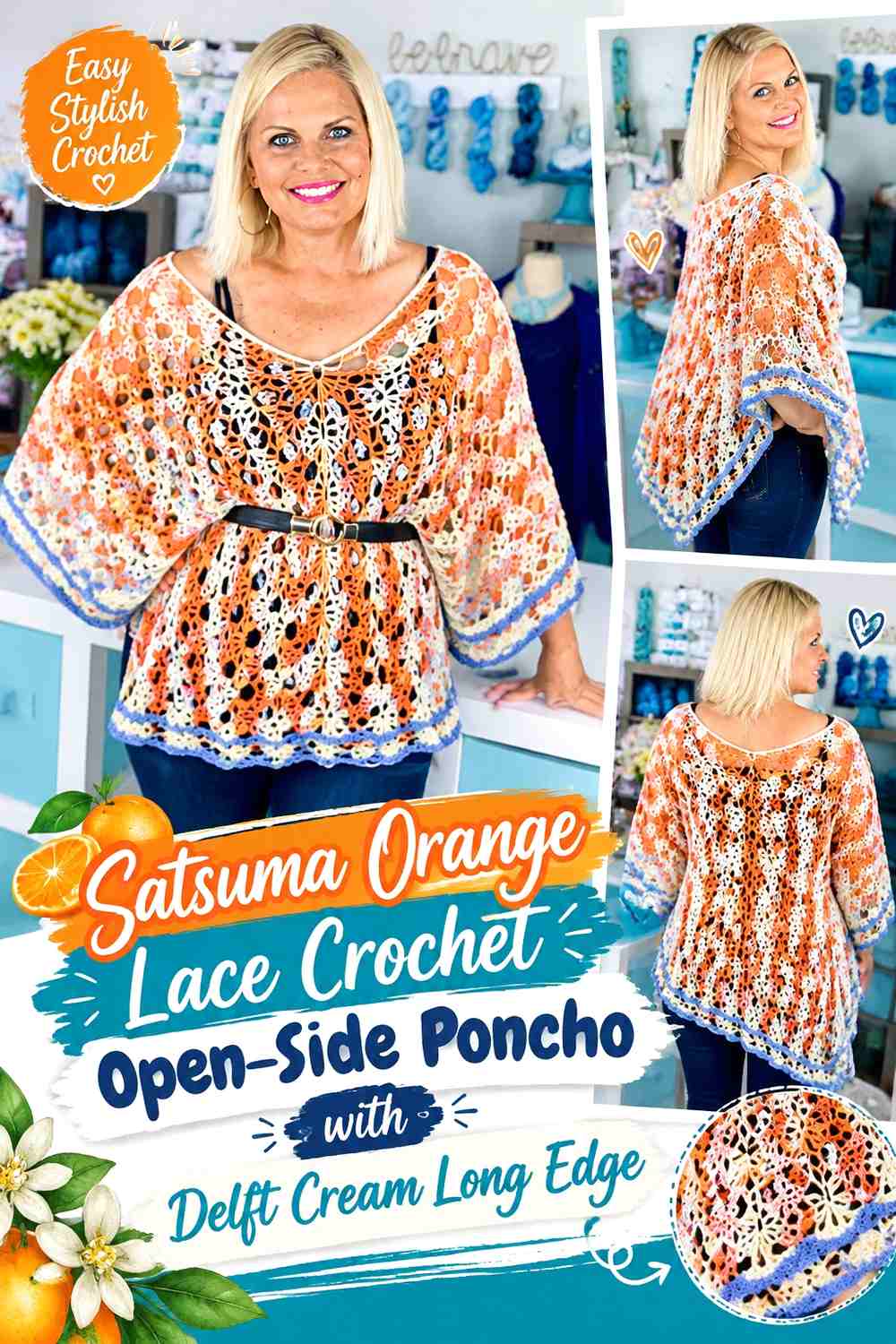 Satsuma Orange Lace Crochet Open-Side Poncho with Delft Cream Long Edge