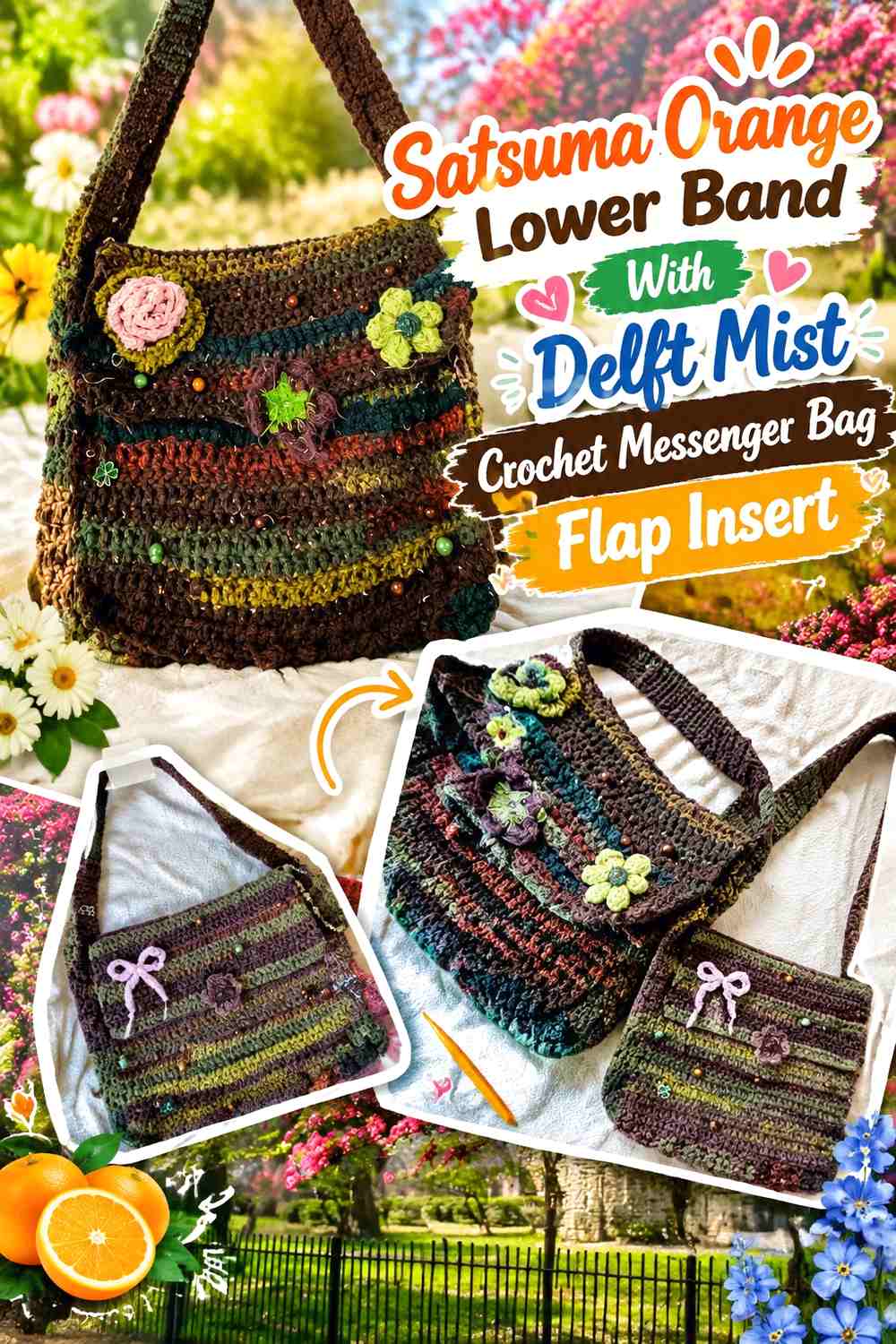Satsuma Orange Lower Band With Delft Mist Crochet Messenger Bag Flap Insert