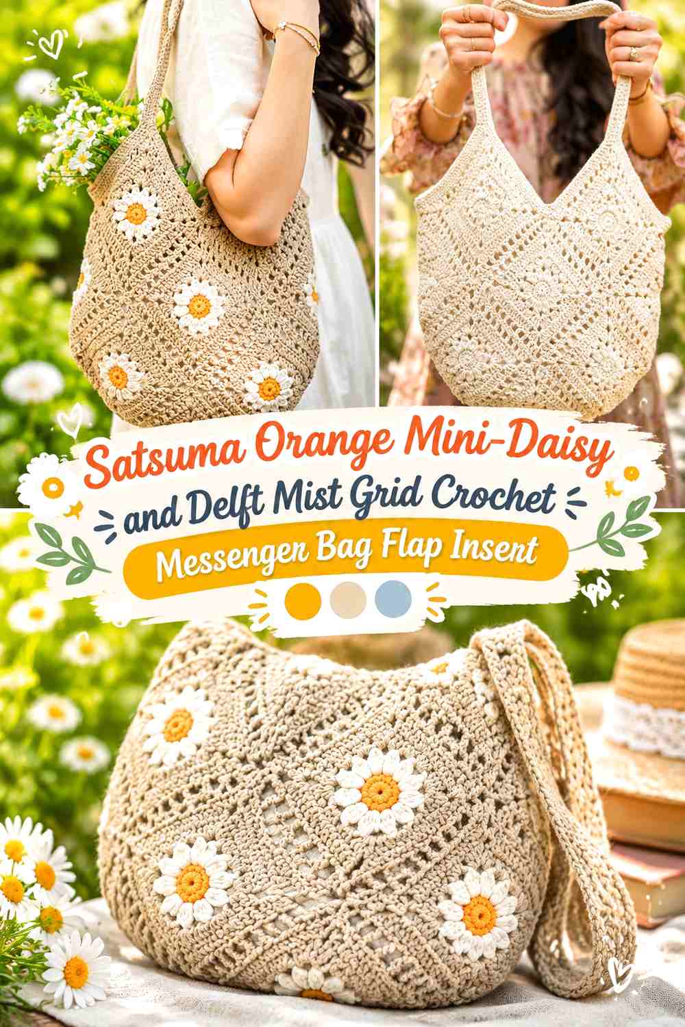 Satsuma Orange Mini-Daisy and Delft Mist Grid Crochet Messenger Bag Flap Insert