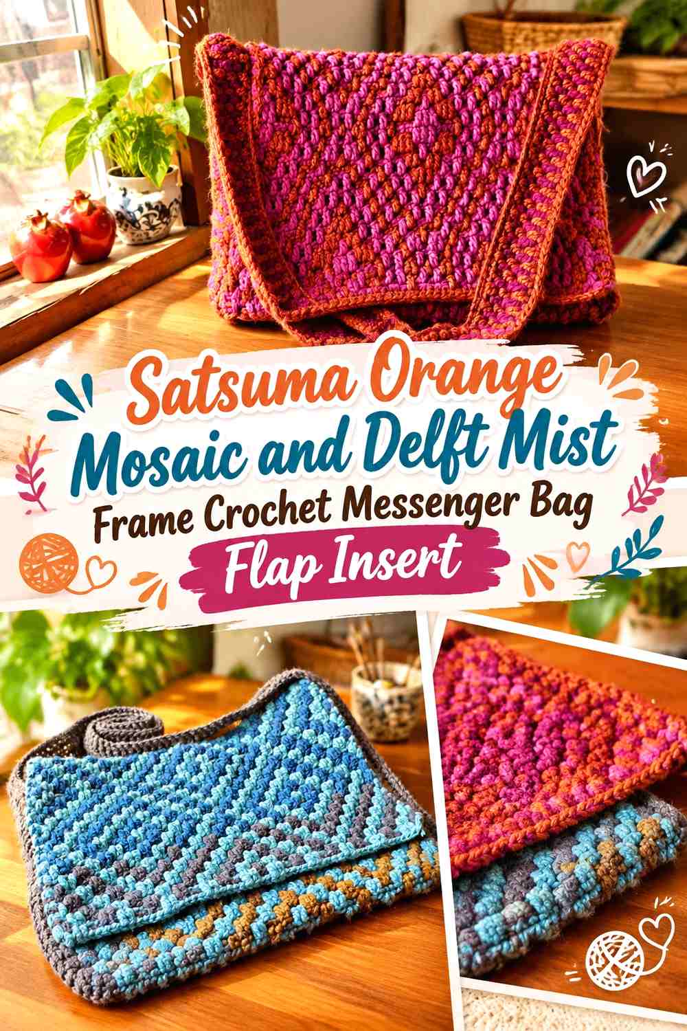 Satsuma Orange Mosaic and Delft Mist Frame Crochet Messenger Bag Flap Insert