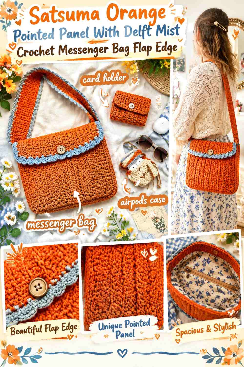 Satsuma Orange Pointed Panel With Delft Mist Crochet Messenger Bag Flap Edge