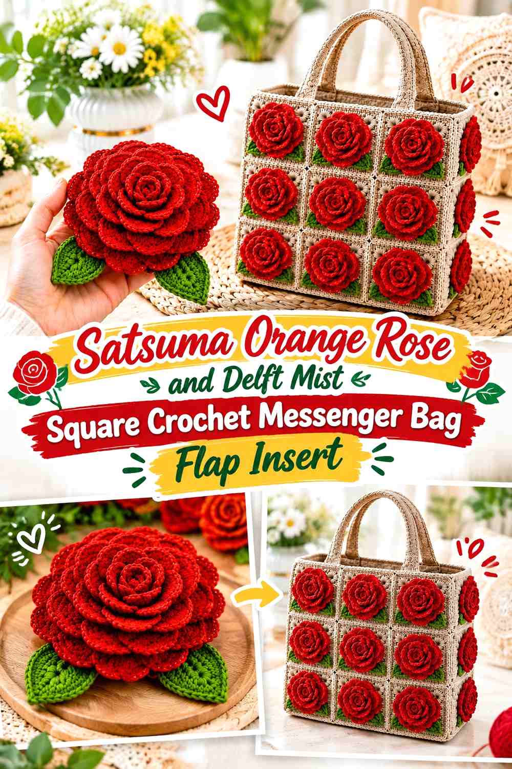 Satsuma Orange Rose and Delft Mist Square Crochet Messenger Bag Flap Insert