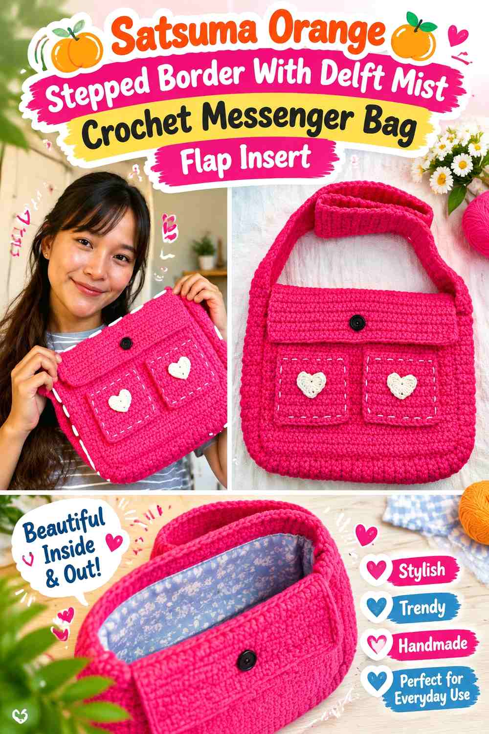 Satsuma Orange Stepped Border With Delft Mist Crochet Messenger Bag Flap Insert