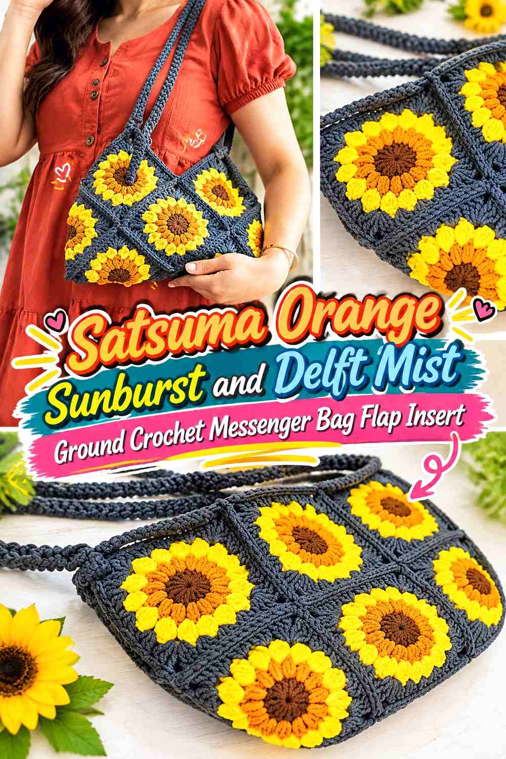 Satsuma Orange Sunburst and Delft Mist Ground Crochet Messenger Bag Flap Insert
