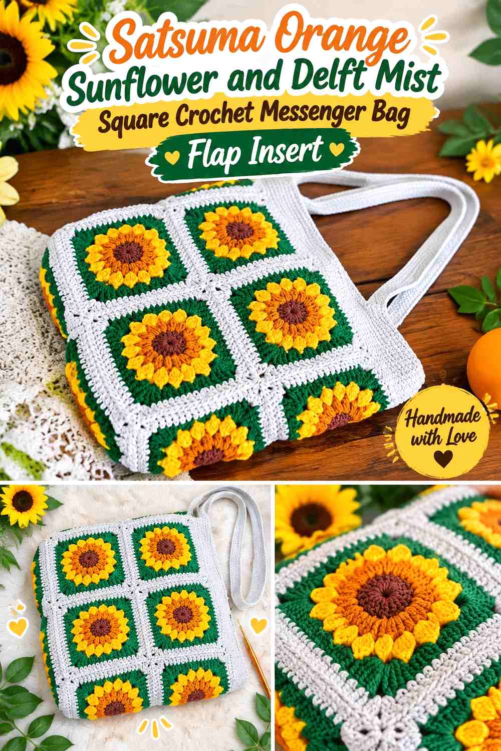 Satsuma Orange Sunflower and Delft Mist Square Crochet Messenger Bag Flap Insert