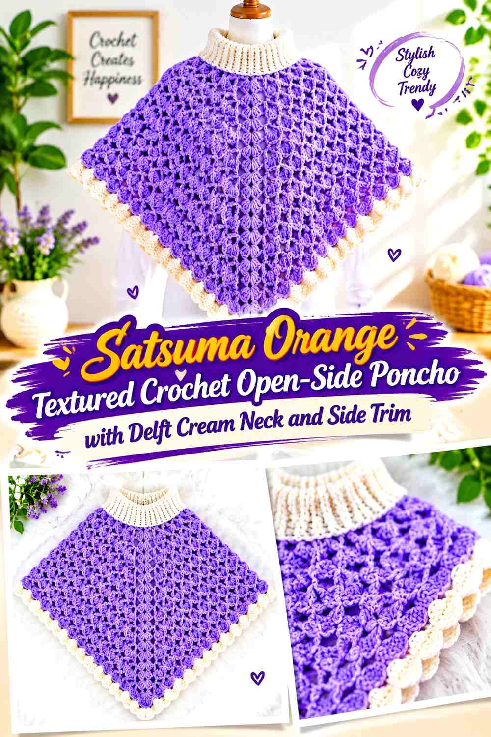 Satsuma Orange Textured Crochet Open-Side Poncho with Delft Cream Neck and Side Trim